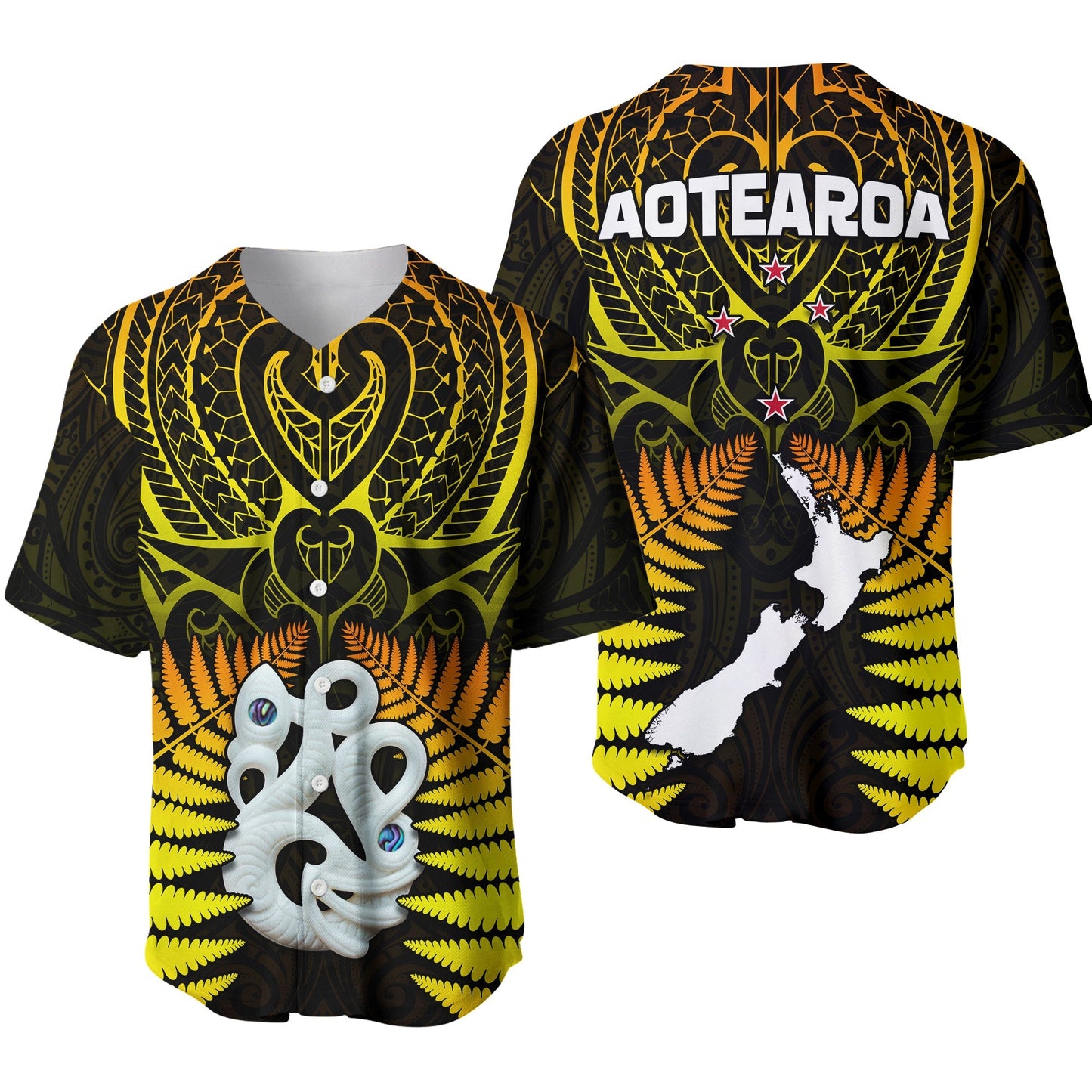 Aotearoa Fern Baseball Jersey New Zealand Hei Tiki Gold Style