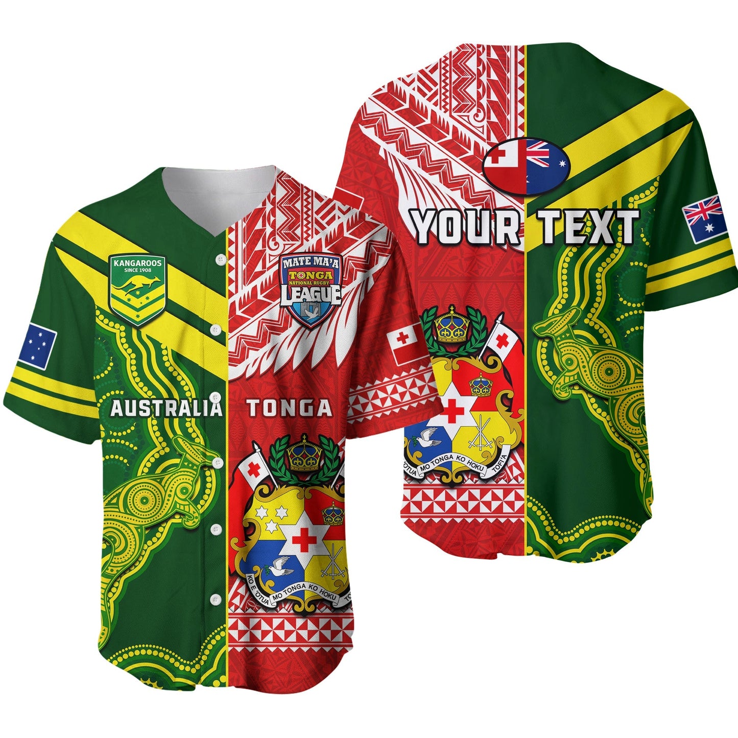 (Custom Personalised) Tonga And Australia Rugby Baseball Jersey Mate Maa Tonga Mix Kangaroos Ver.01