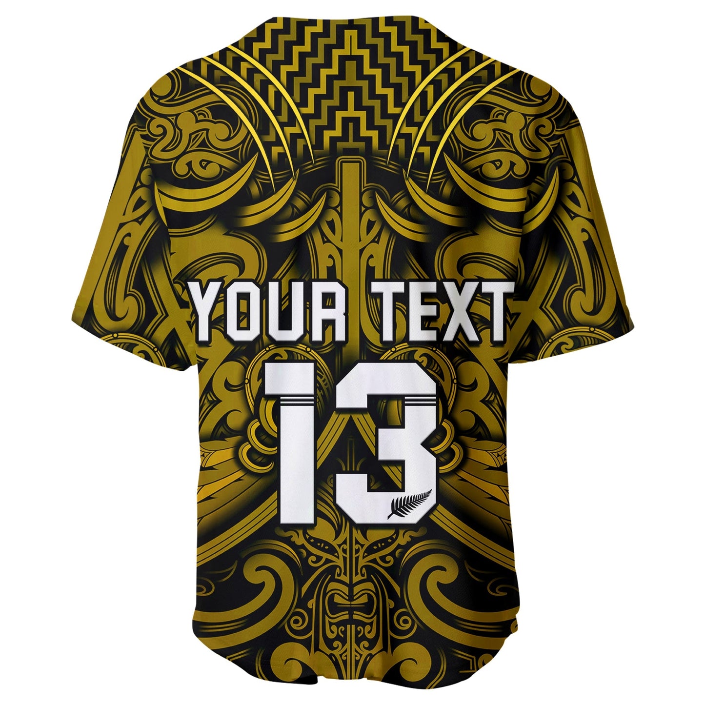 (Custom Text and Number) New Zealand Silver Fern Rugby Baseball Jersey All Black Gold NZ Maori Pattern