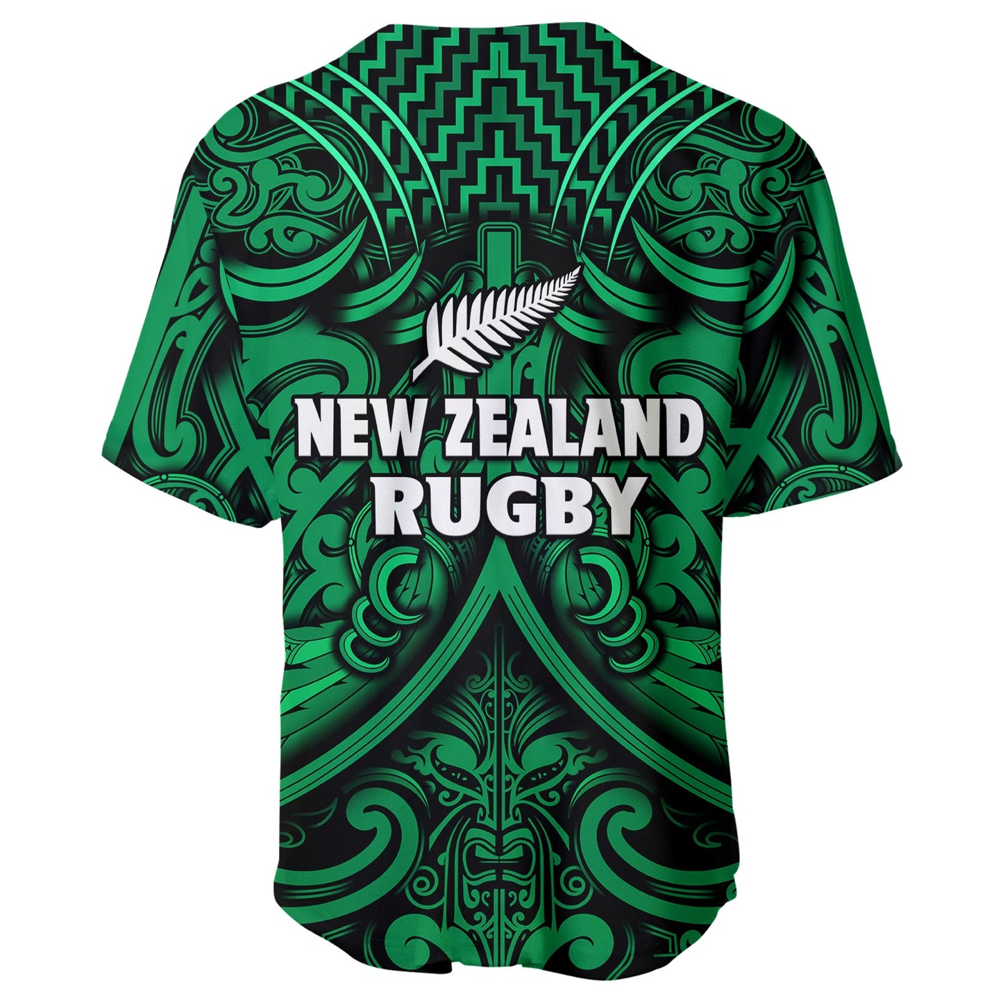 New Zealand Silver Fern Rugby Baseball Jersey All Black Green NZ Maori Pattern