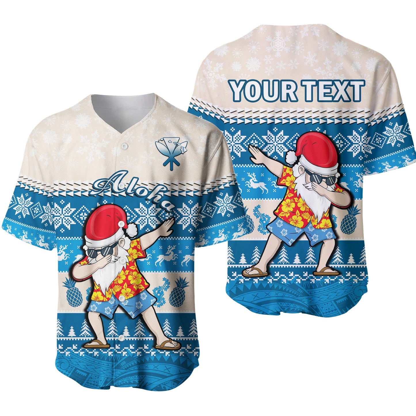 (Custom Personalised) Hawaii Mele Kalikimaka Baseball Jersey Dabbing Santa Blue Merry Christmas