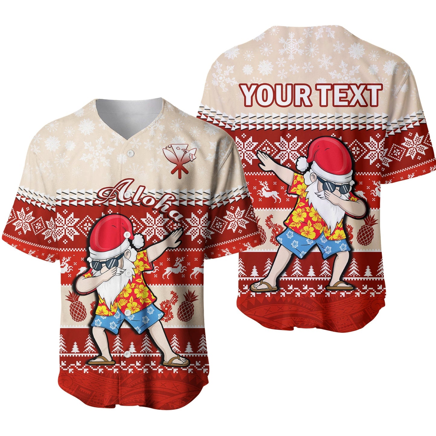 (Custom Personalised) Hawaii Mele Kalikimaka Baseball Jersey Dabbing Santa Red Merry Christmas