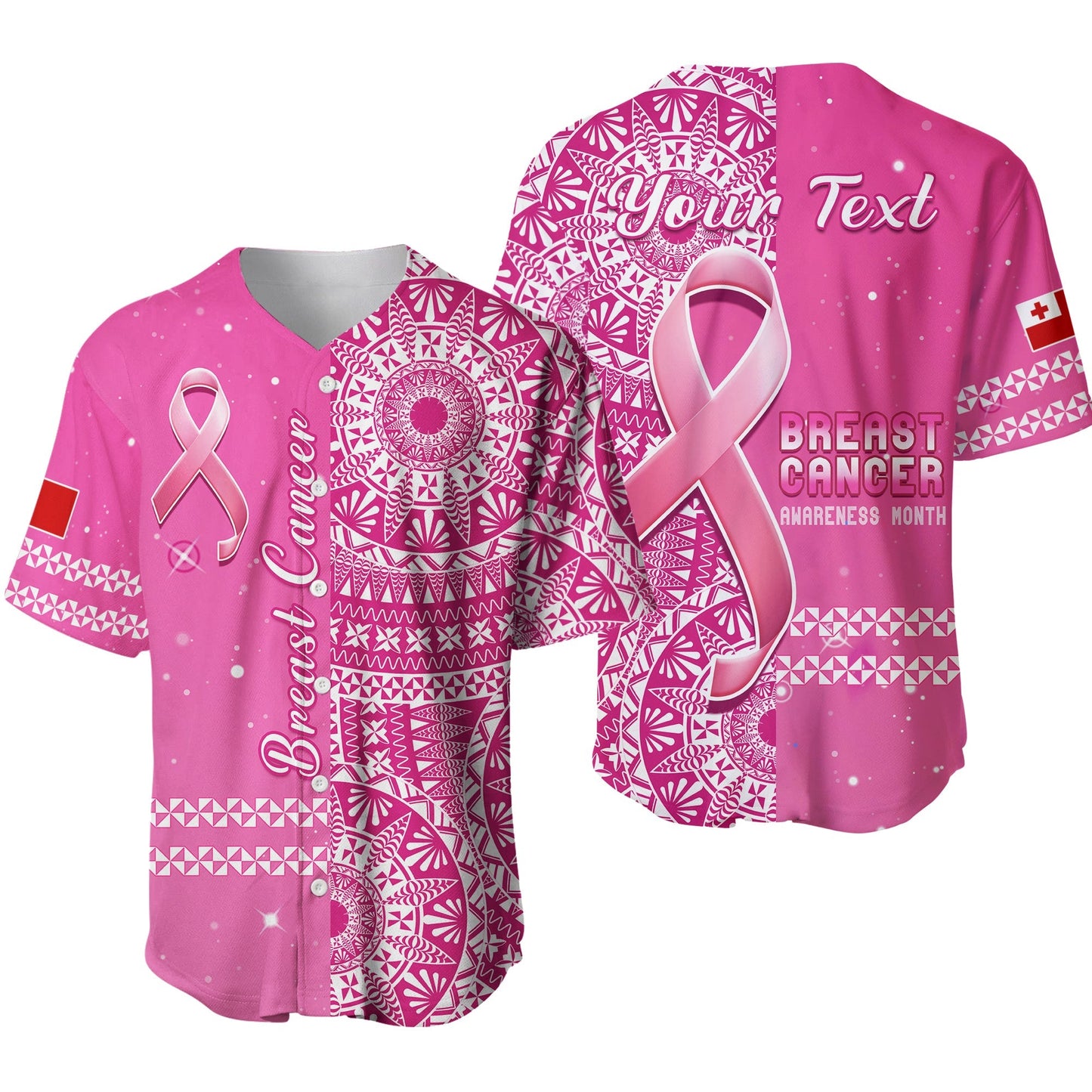 (Custom Personalised) Tonga Breast Cancer Baseball Jersey Tongan Ngatu Pattern No One Fights Alone