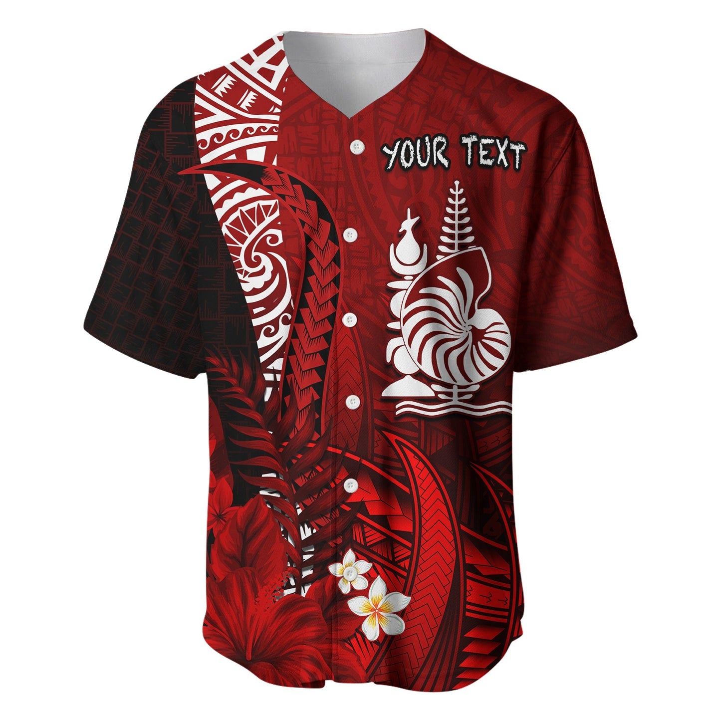 (Custom Personalised) New Caledonia Baseball Jersey Nautilus Red Polynesian Hibiscus