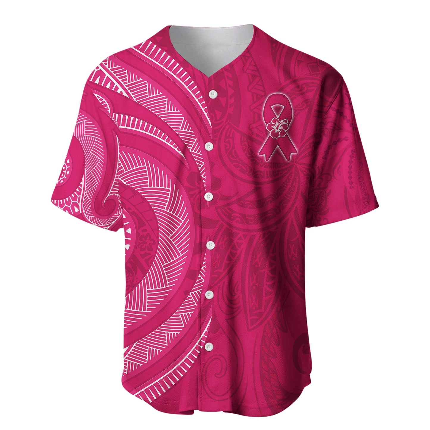 Breast Cancer Awareness Baseball Jersey Hibiscus Polynesian No One Fights Alone