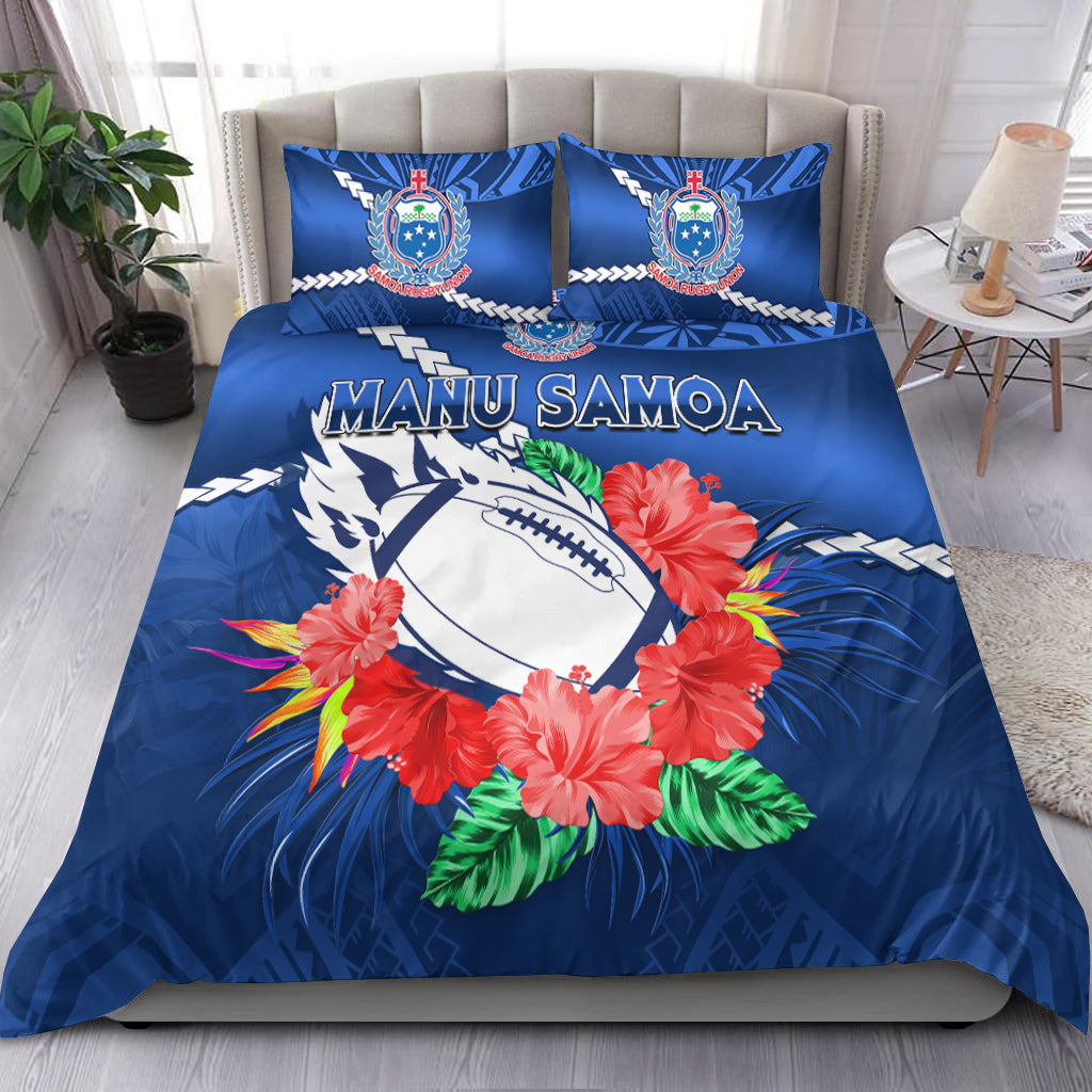 Samoa Rugby Bedding Set Manu Samoa Polynesian Hibiscus Blue Style