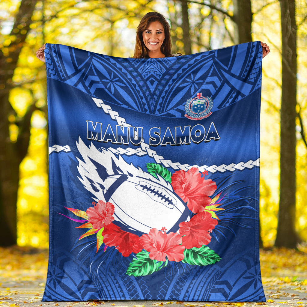Samoa Rugby Premium Blanket Manu Samoa Polynesian Hibiscus Blue Style