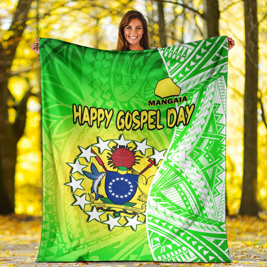 Happy Mangaia Gospel Day Premium Blanket Cook Islands Coat Of Arms Polynesian Pattern