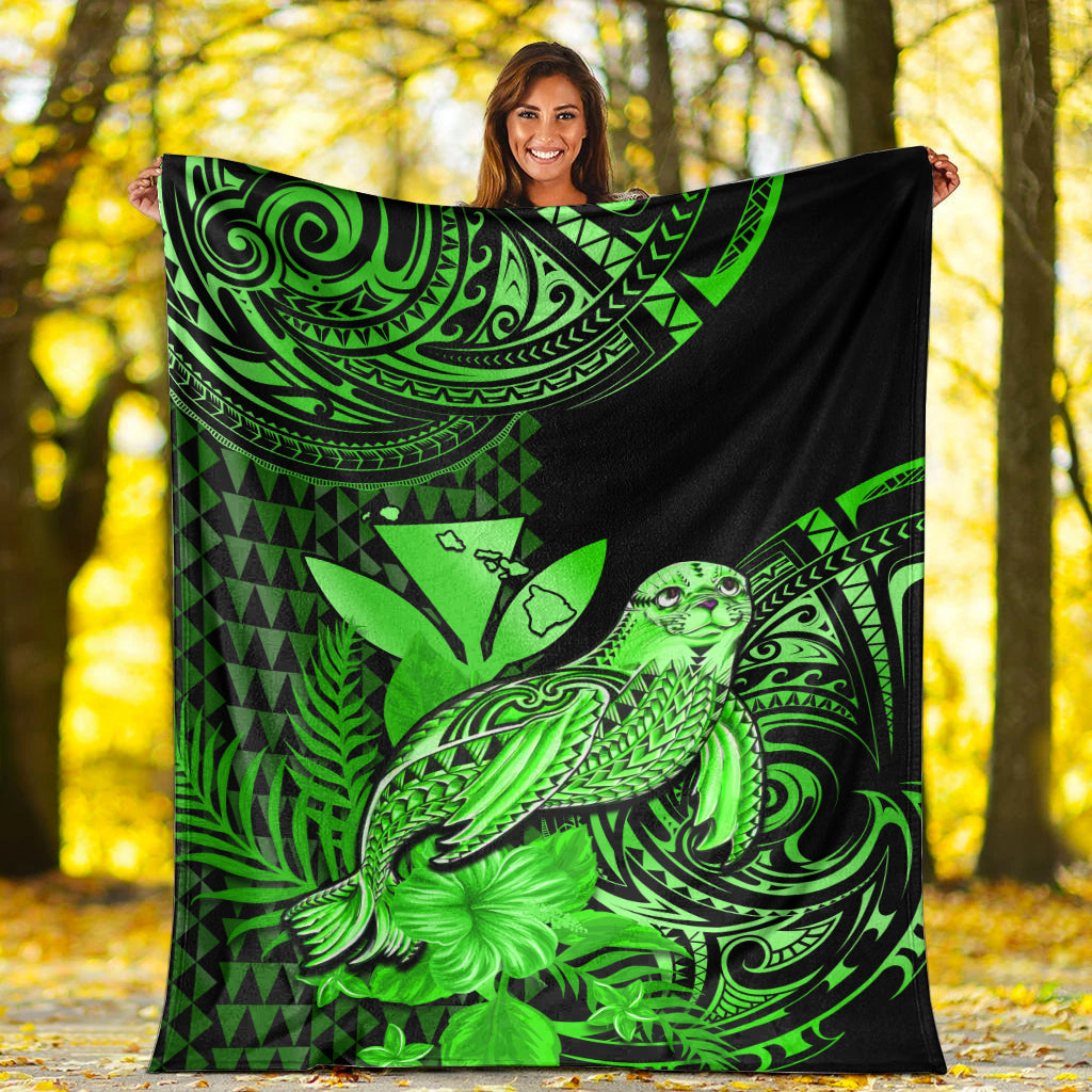 Hawaii Monk Seal Premium Blanket Kakau With Kanaka Green