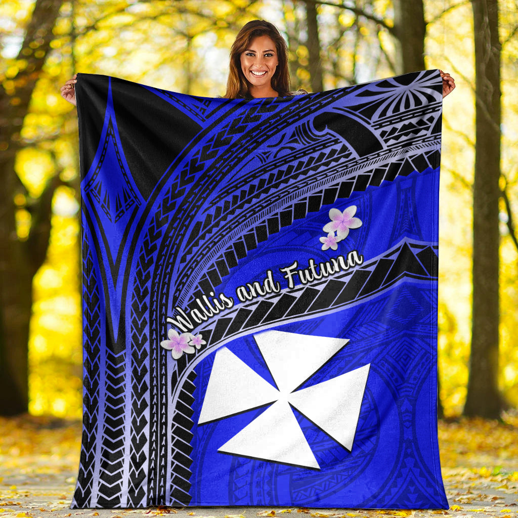 Wallis And Futuna Premium Blanket Plumeria Flowers With Blue Polynesian Pattern
