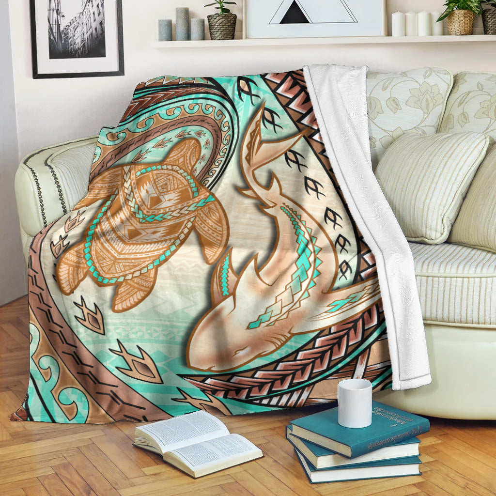 Hawaii Premium Blanket Polynesian Shark And Sea Turtle Dreamy Turquoise Artsy