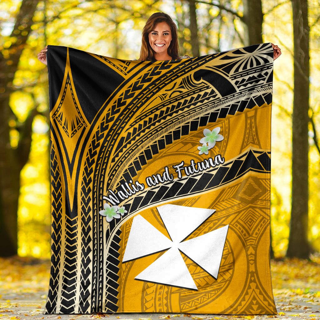 Wallis And Futuna Premium Blanket Plumeria Flowers With Gold Polynesian Pattern