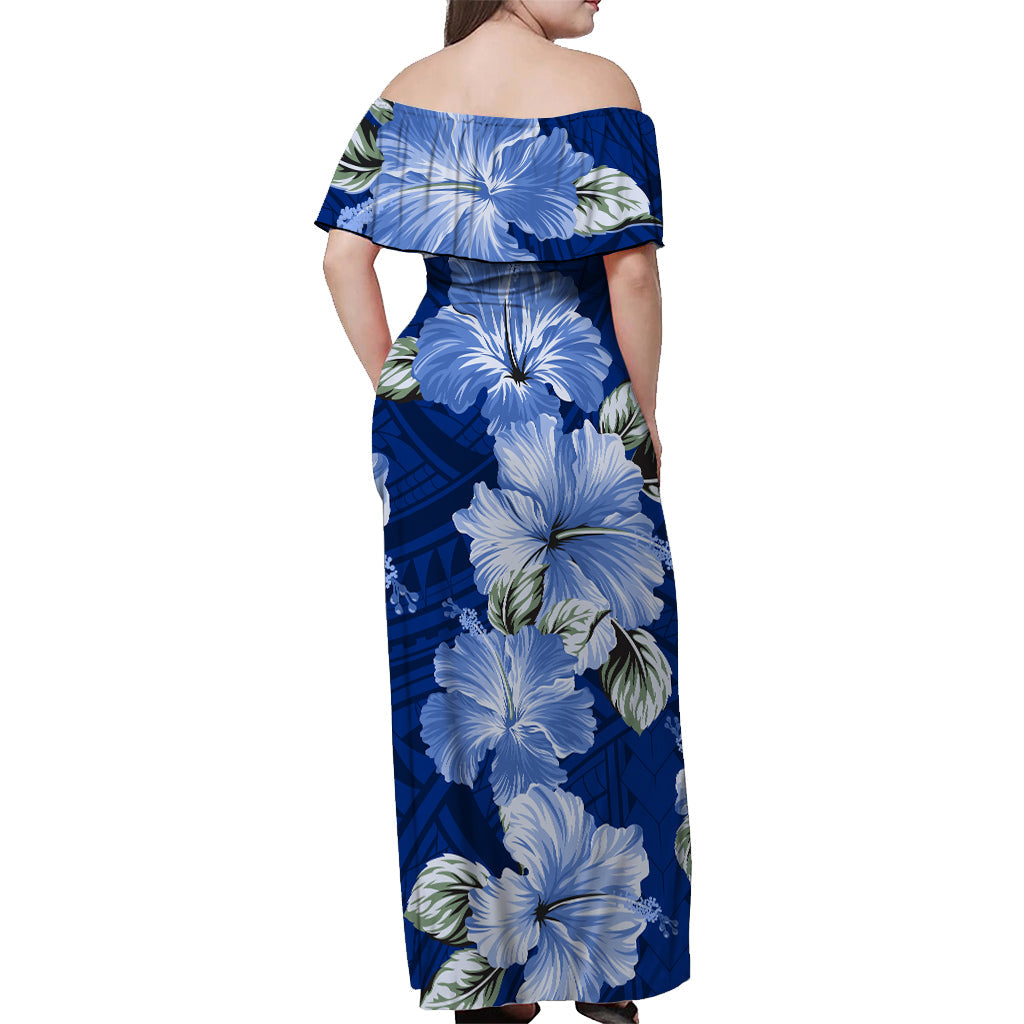 Samoa Off Shoulder Long Dress Hibiscus Unique Style Blue
