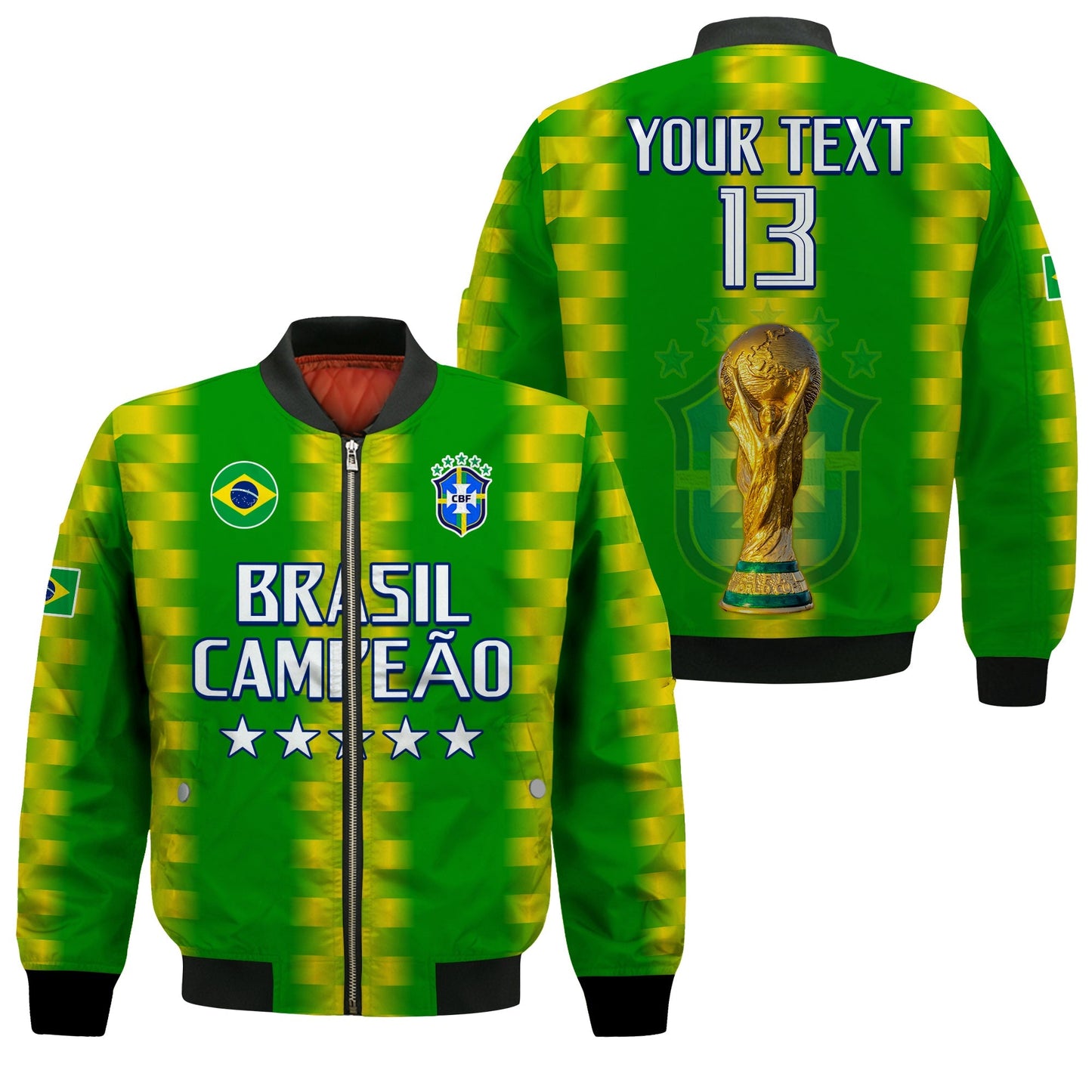 (Custom Text and Number) Brazil Football Champions Bomber Jacket Proud Selecao