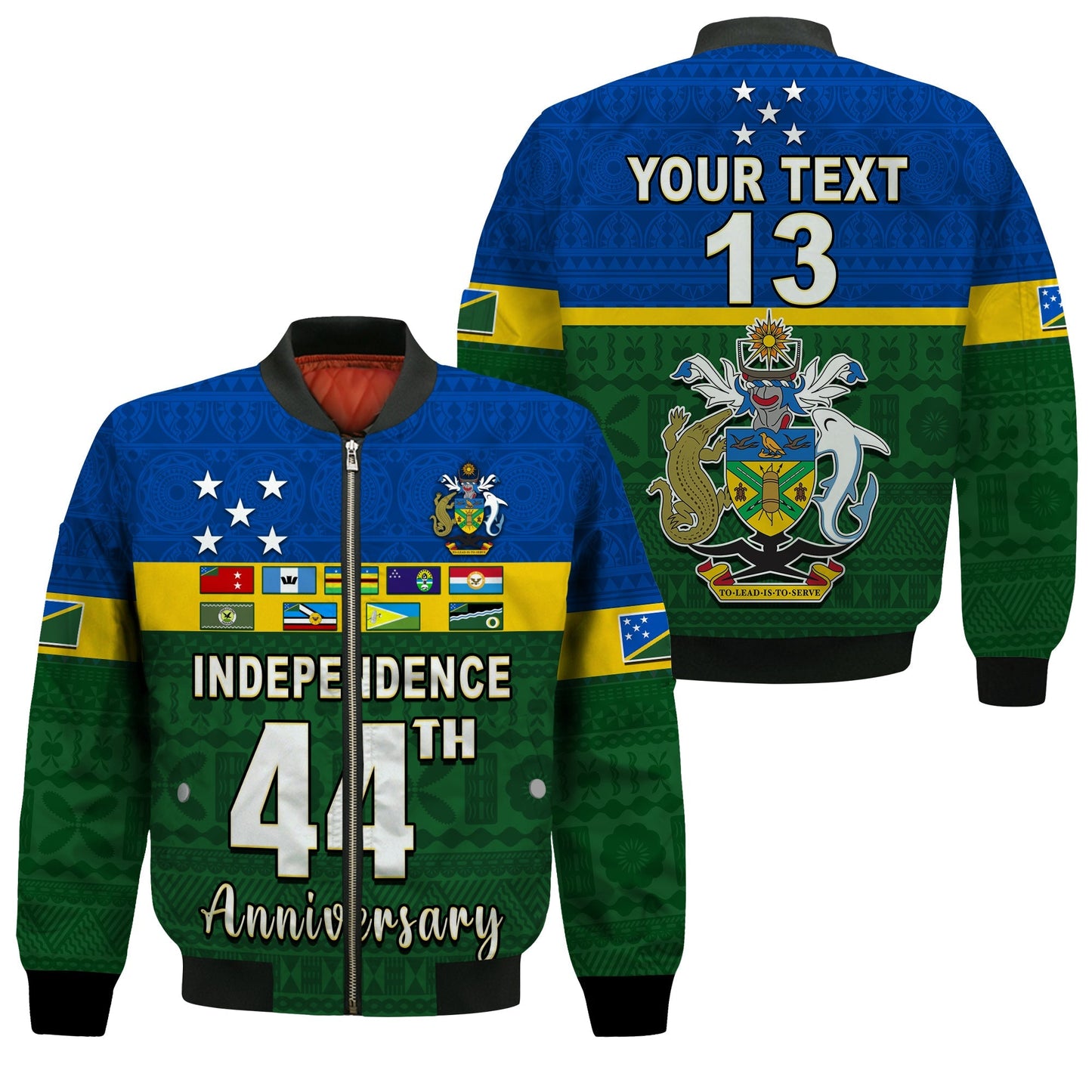 (Custom Text and Number) Solomon Islands National Day Bomber Jacket Independence Day Tapa Pattern