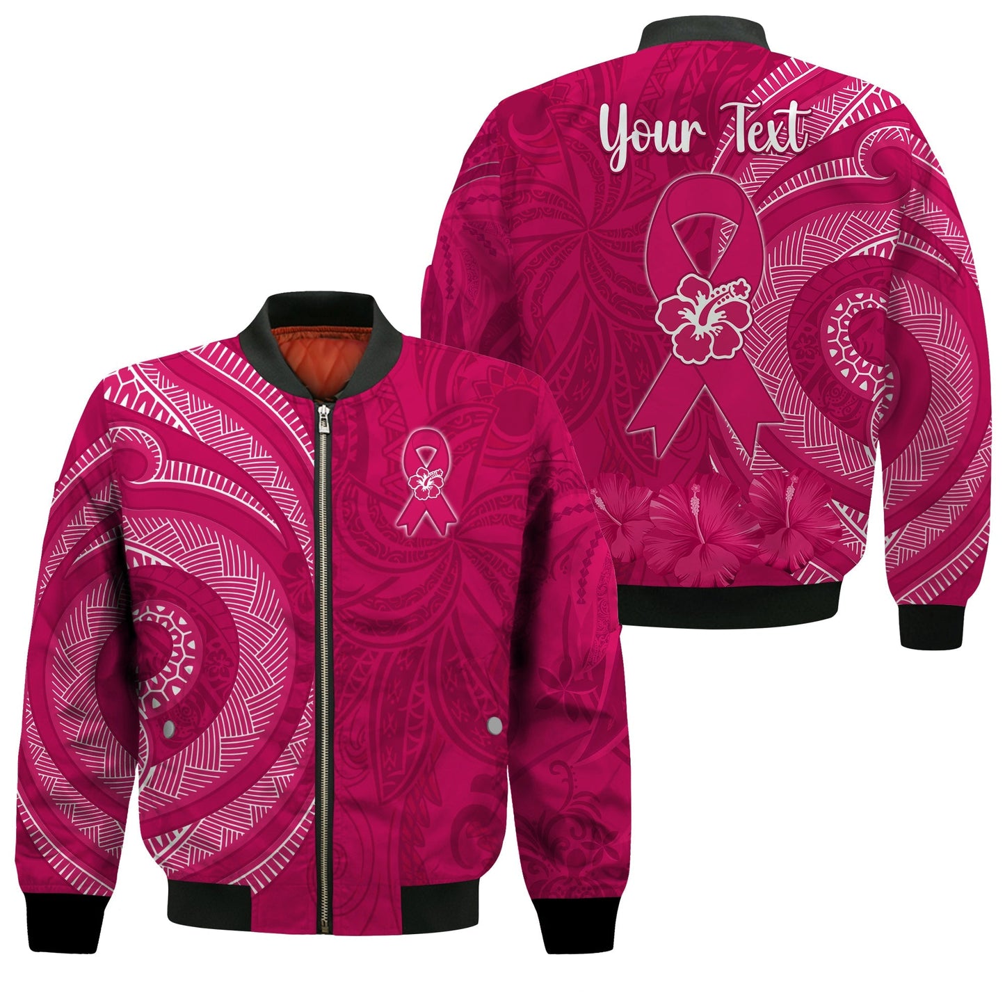 (Custom Personalised) Breast Cancer Awareness Bomber Jacket Hibiscus Polynesian No One Fights Alone