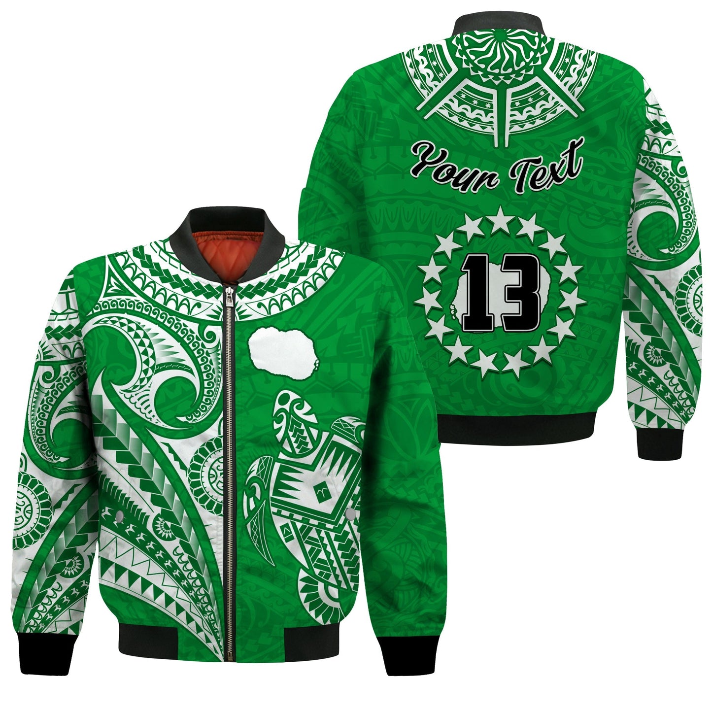 (Custom Text and Number) Rarotonga Cook Islands Bomber Jacket Turtle and Map Style Green