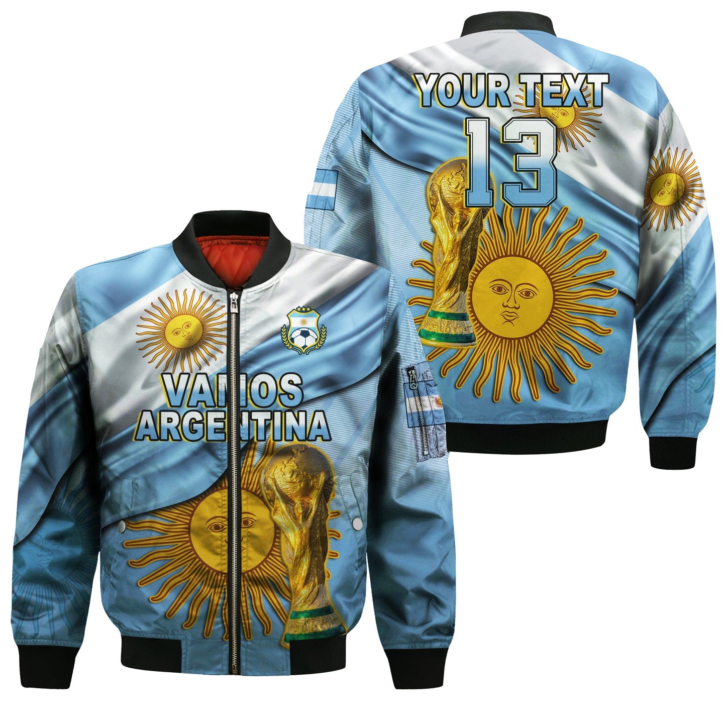 (Custom Text and Number) Argentina Football Bomber Jacket Vamos La Albiceleste Champions World Cup Vibe Flag