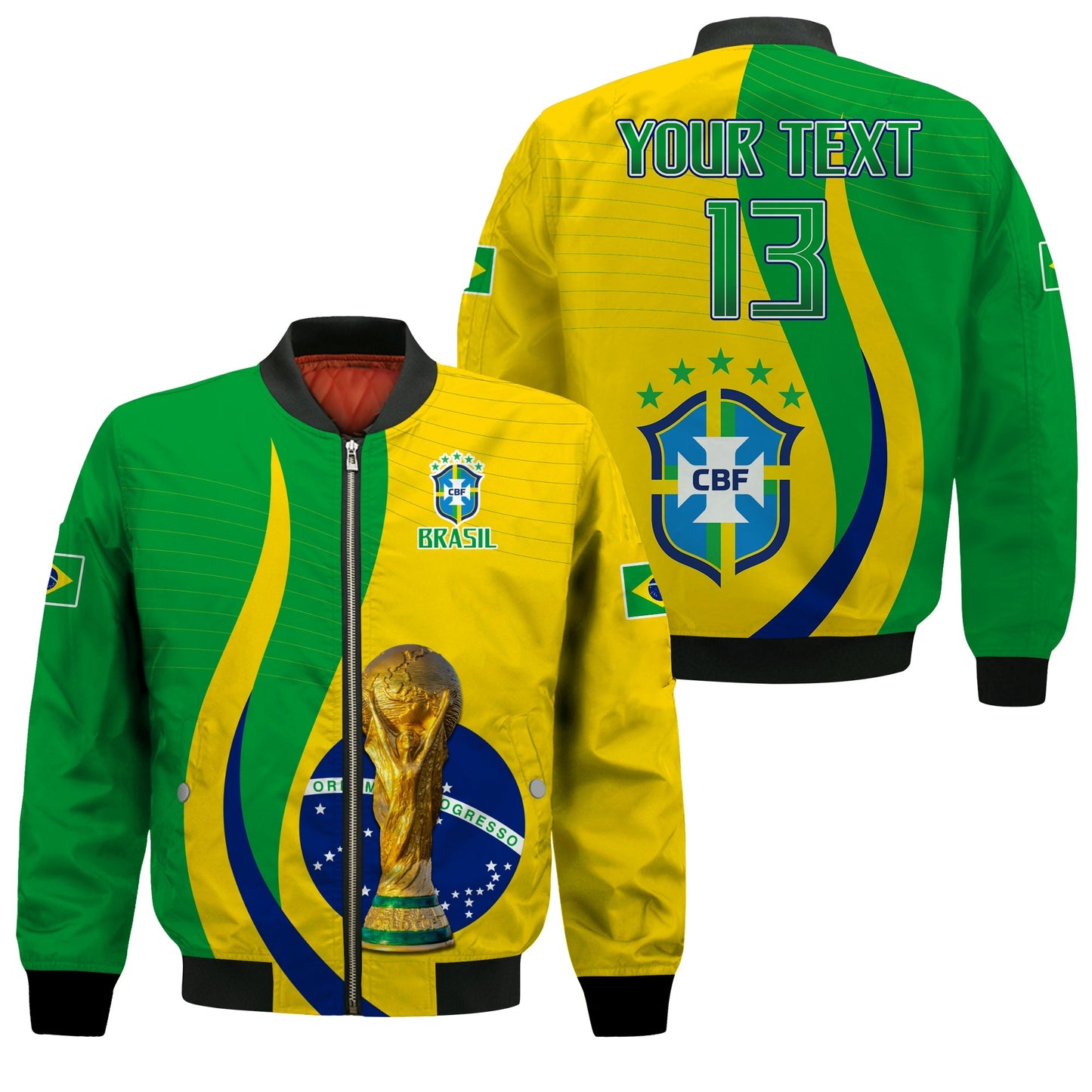 (Custom Text and Number) Brazil Football Champions Bomber Jacket Selecao Style Vibe