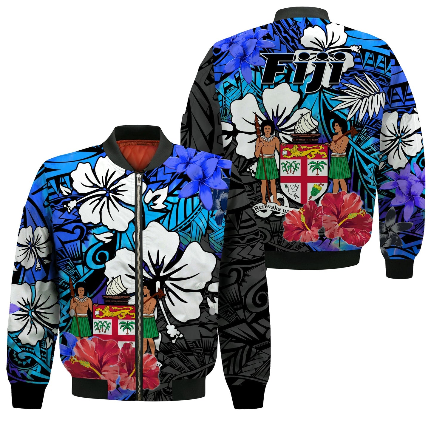 Fiji Tie Dye Bomber Jacket Polynesian Blue Tribal Creative Tropical Flowers