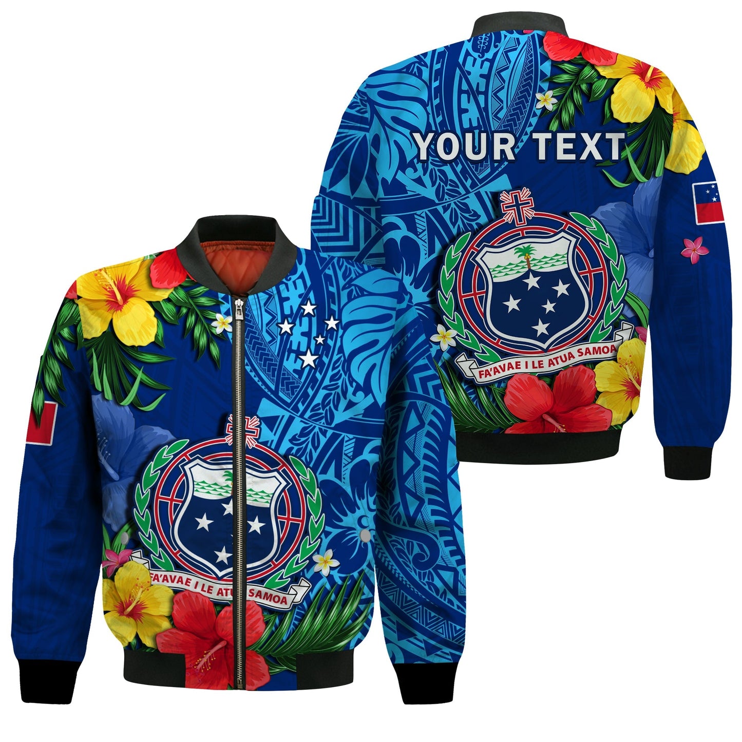(Custom Personalised) Samoa Bomber Jacket Coat Of Arms Mix Tropical Flowers