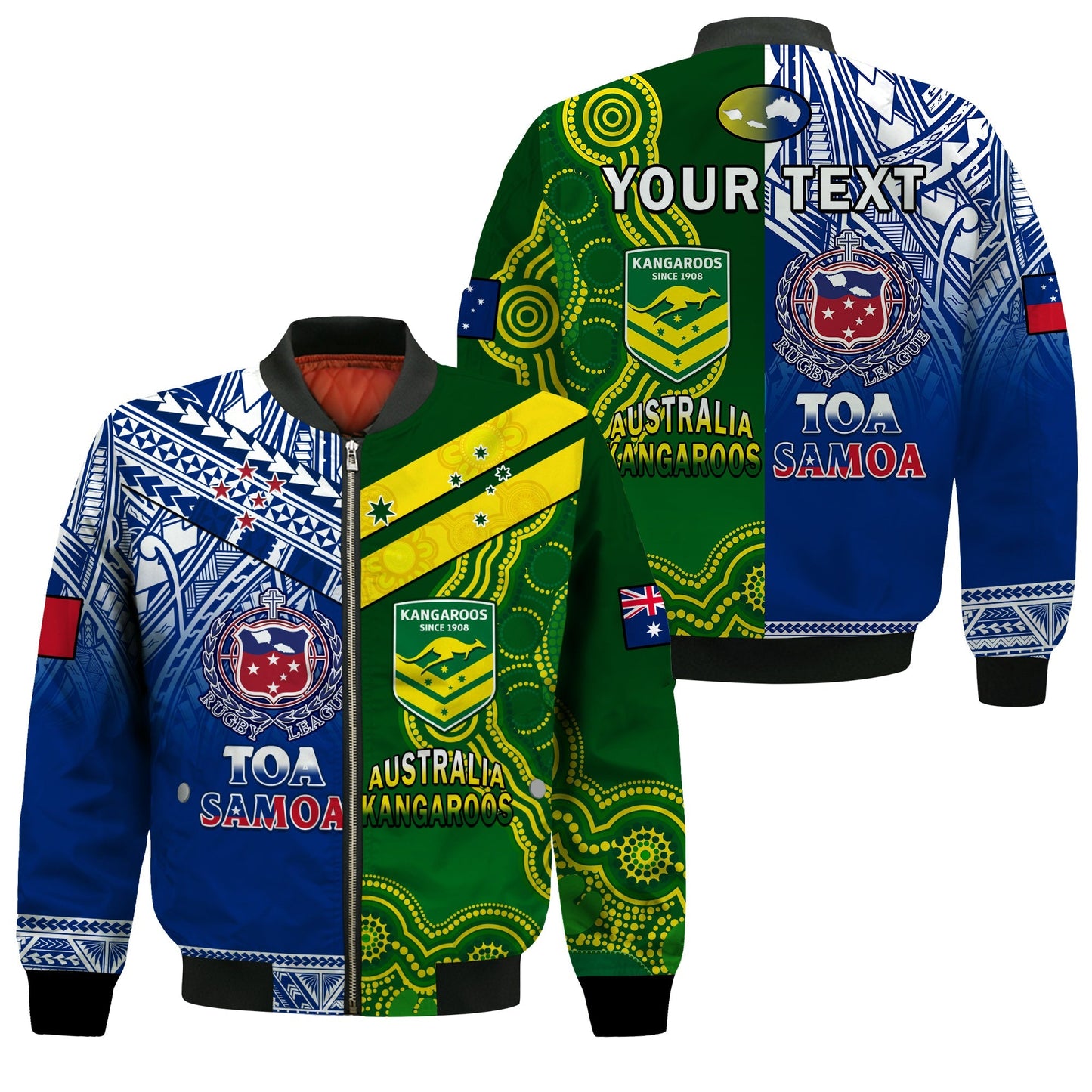 (Custom Personalised) Samoa Rugby and Australia Rugby Bomber Jacket Toa Samoa Mix Kangaroos Pacific