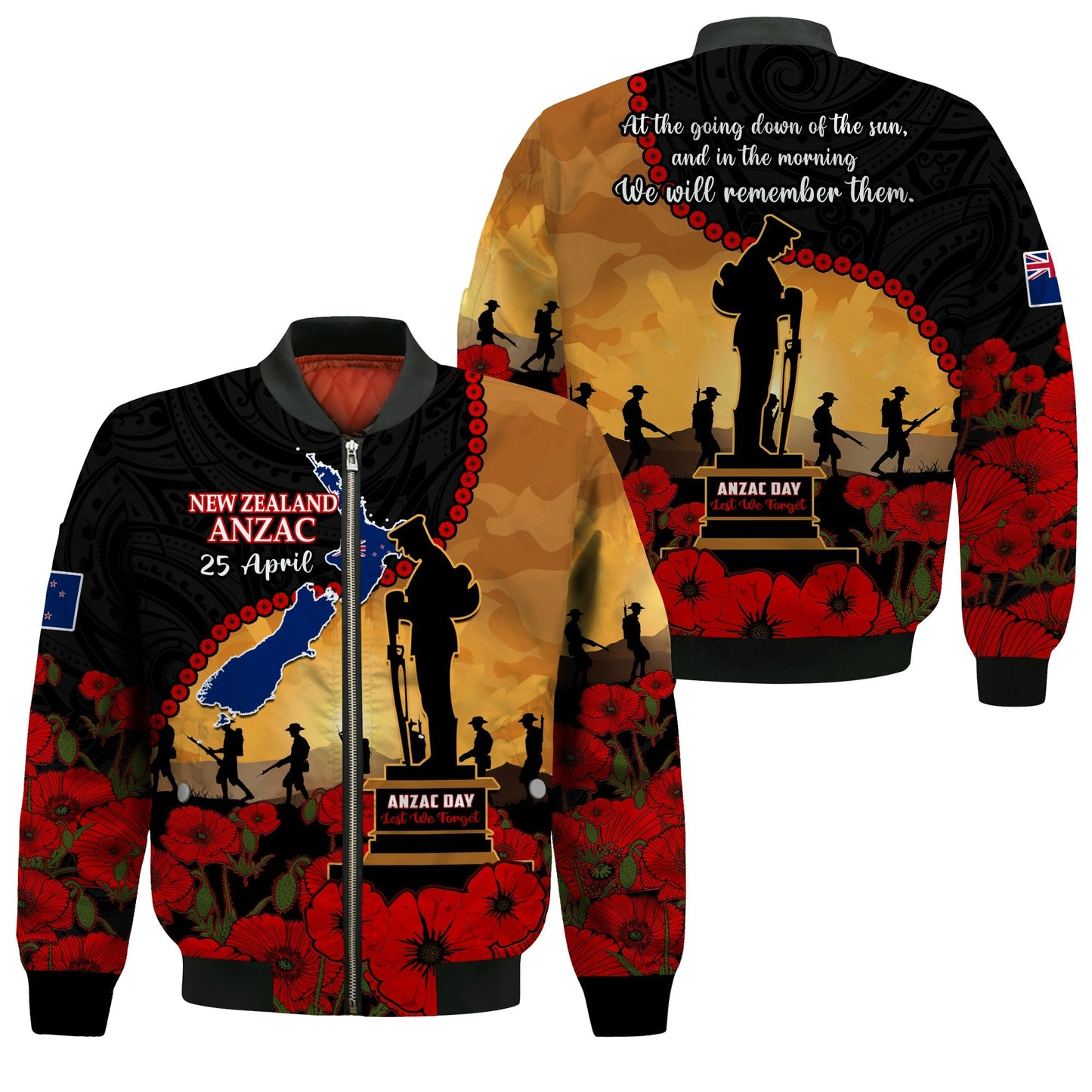 New Zealand Anzac Bomber Jacket Maori Camouflage Mix Poppies We Will Remember Them