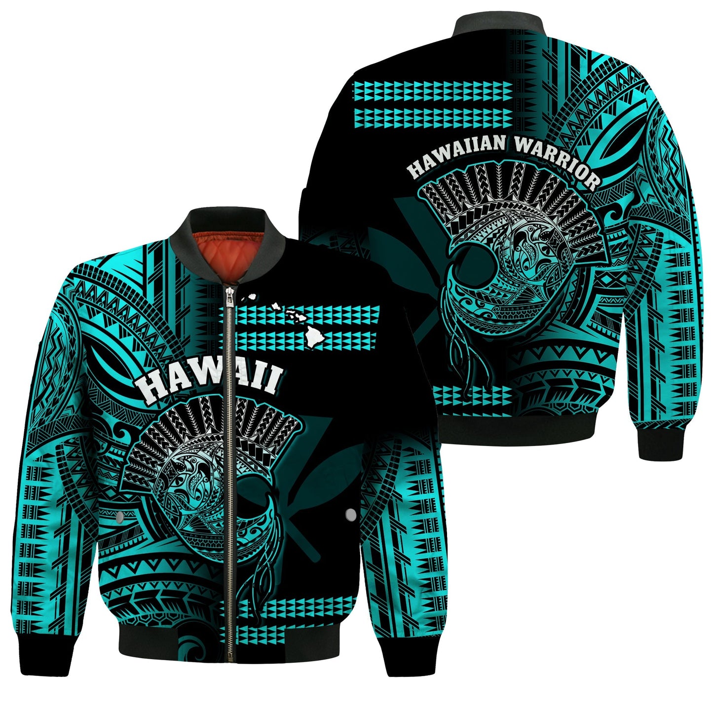 Hawaii Bomber Jacket Kakau Warrior Helmet Gradient Turquoise Polynesian