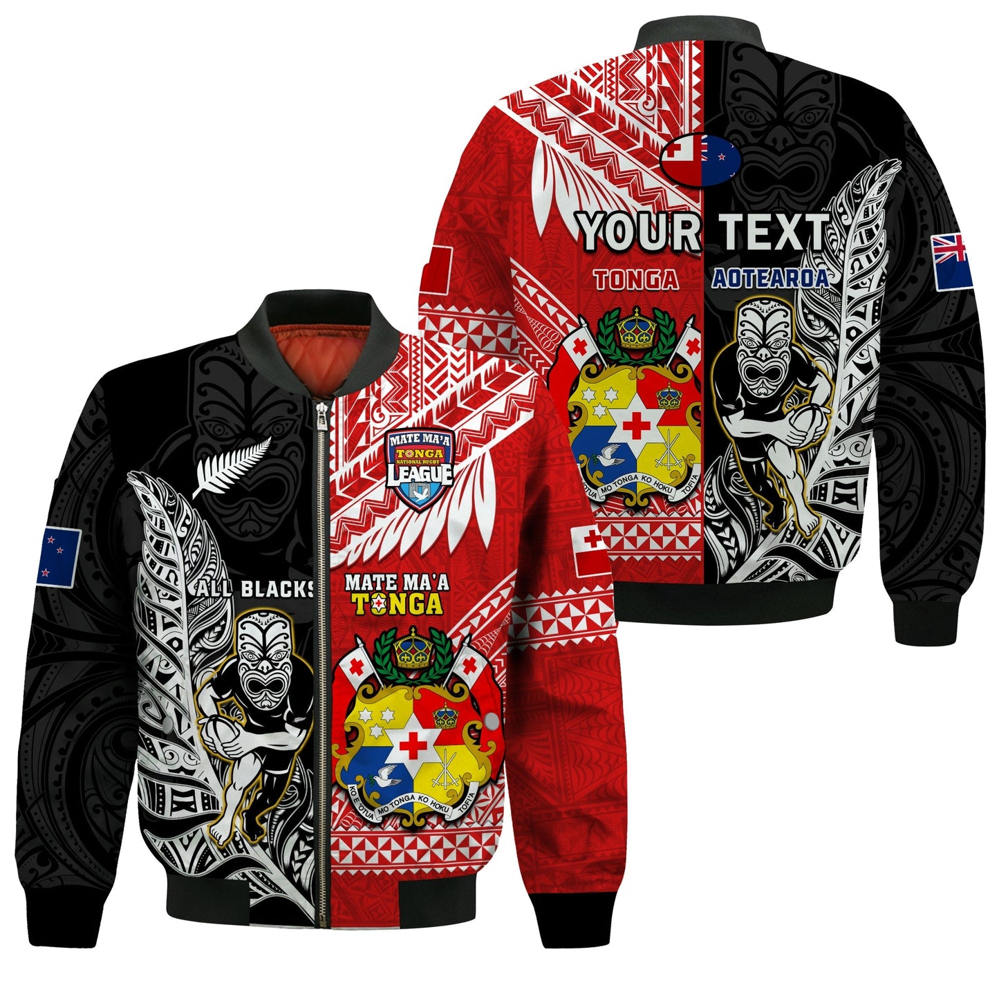 (Custom Personalised) Mate Maa Tonga And All Black Rugby Bomber Jacket Polynesian Mix NZ Maori Fern