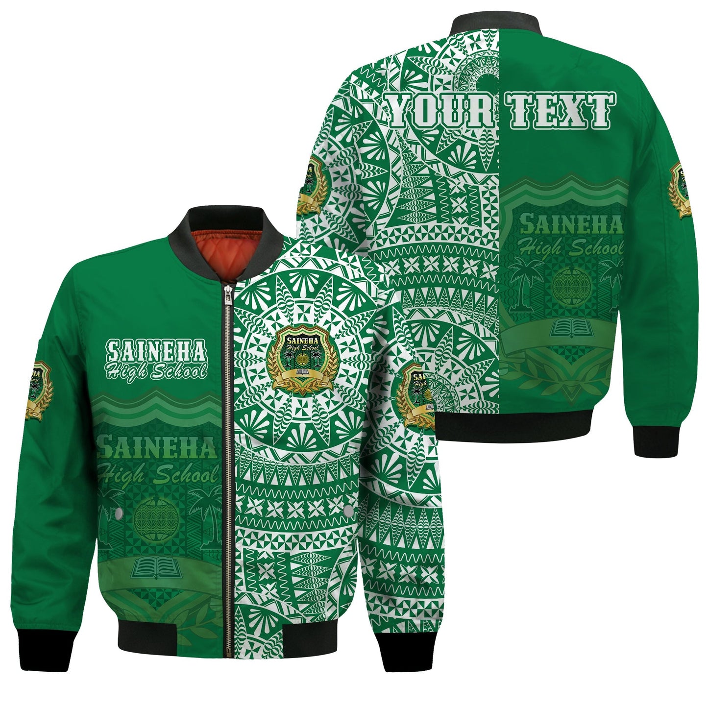 (Custom Personalised) Tonga Saineha High School Bomber Jacket Tongan Ngatu Pattern