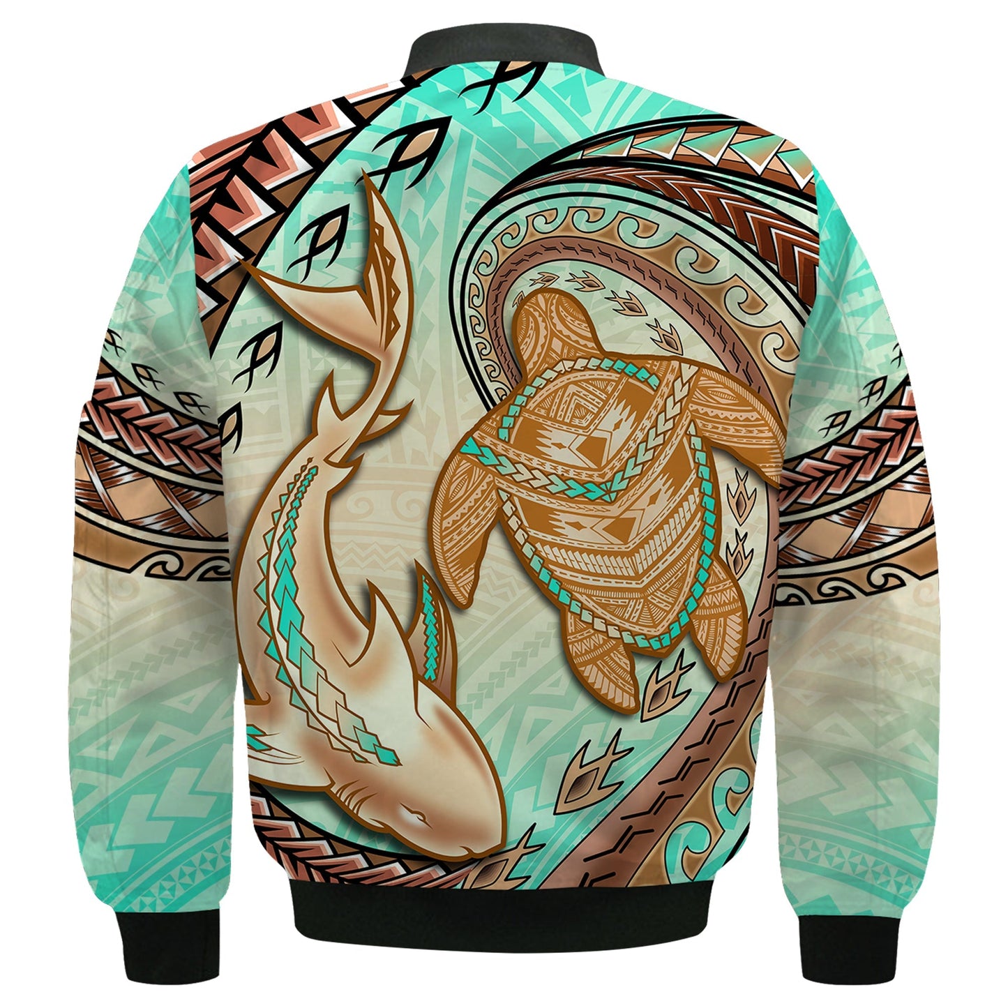 Hawaii Bomber Jacket Polynesian Shark And Sea Turtle Dreamy Turquoise Artsy