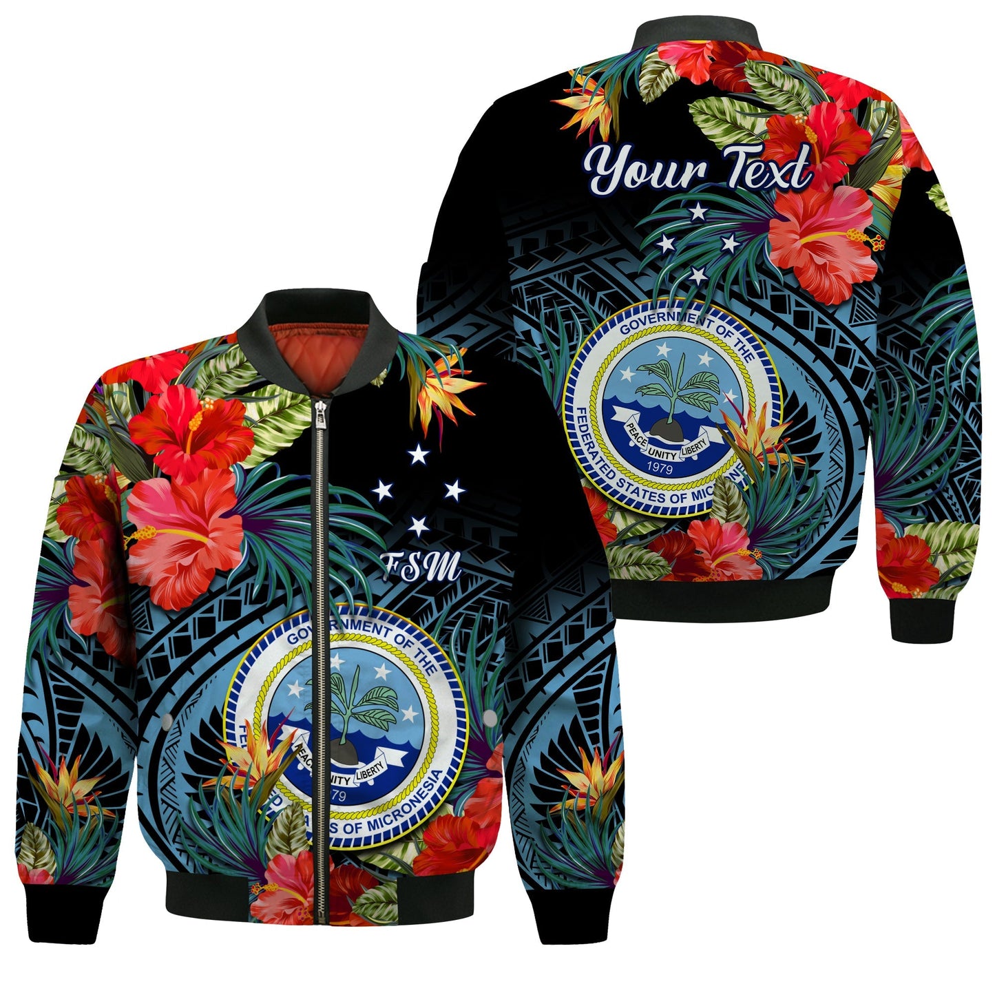 (Custom Personalised) Federated States of Micronesia Bomber Jacket Hibiscus Flowers FSM Seal Polynesian
