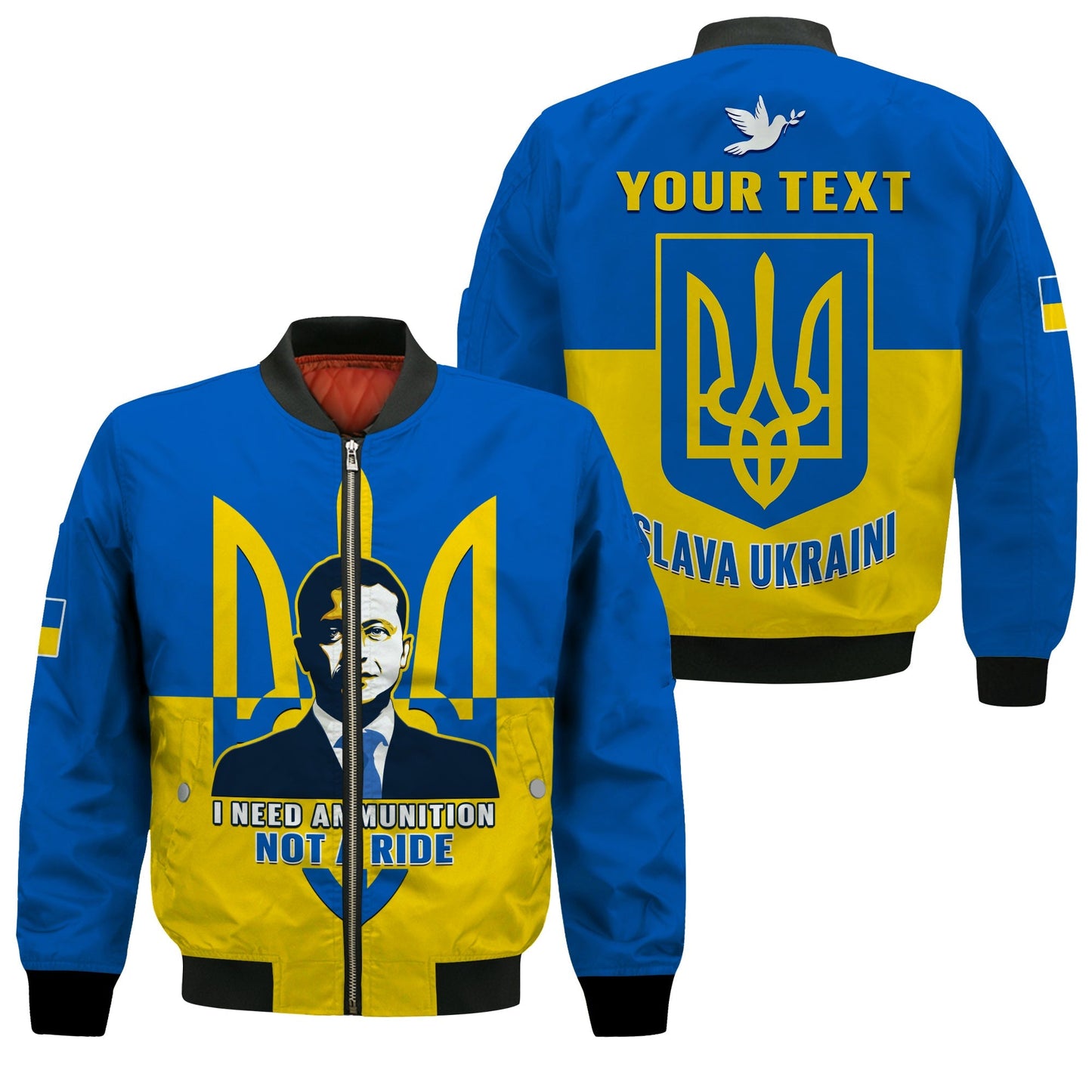Custom Personalised Ukraine Bomber Jacket Ukraine Gold Trident Slava Ukraini Blue
