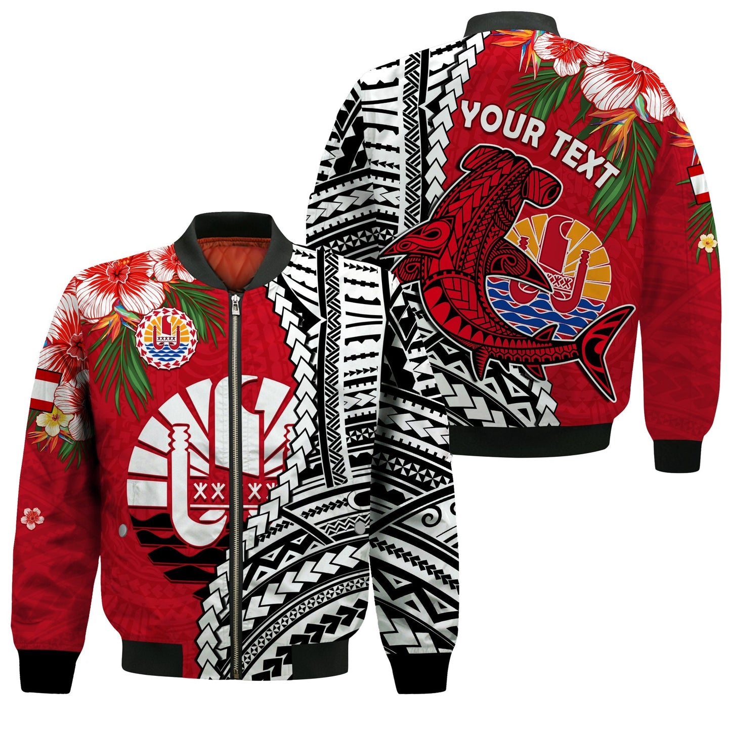 (Custom Personalised) Tahiti Islands Bomber Jacket Polynesian Shark Mix Tropical Flowers