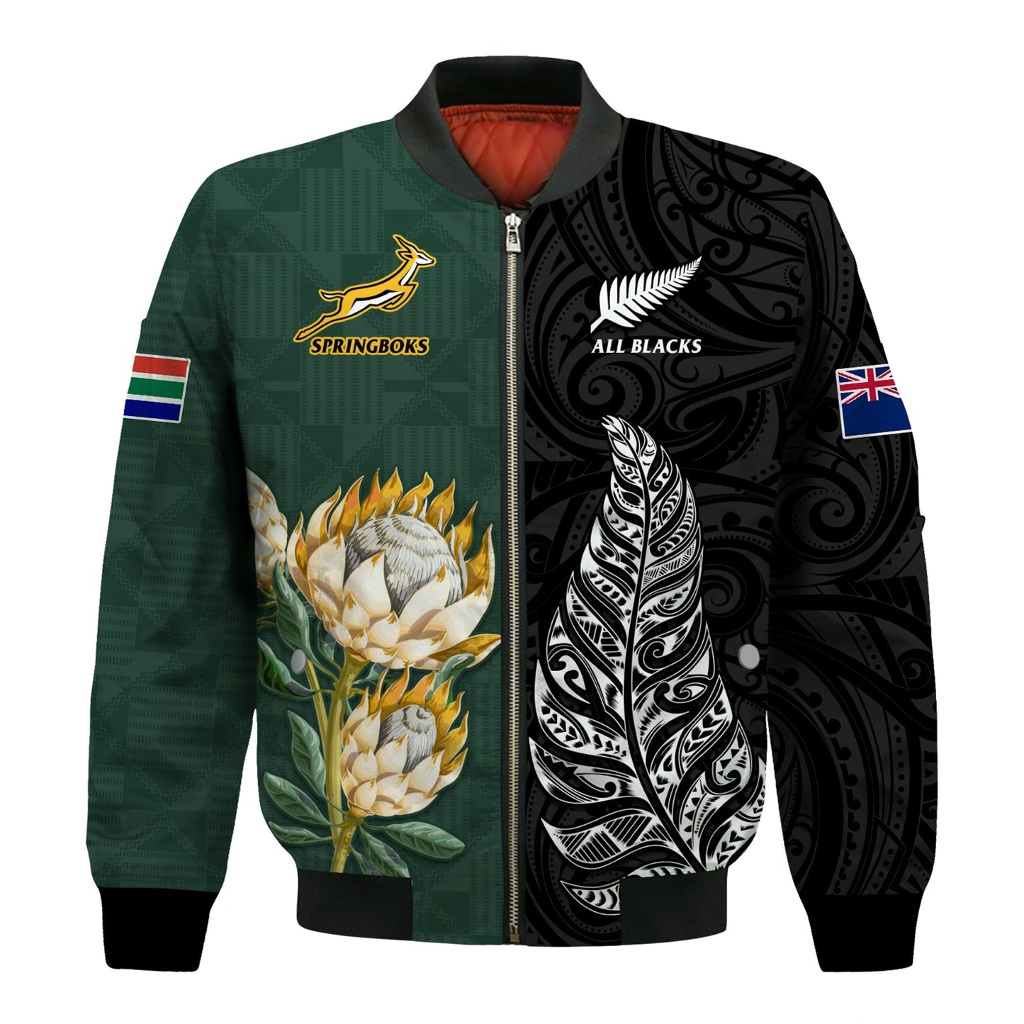 South Africa Protea and New Zealand Fern Bomber Jacket Rugby Go Springboks vs All Black