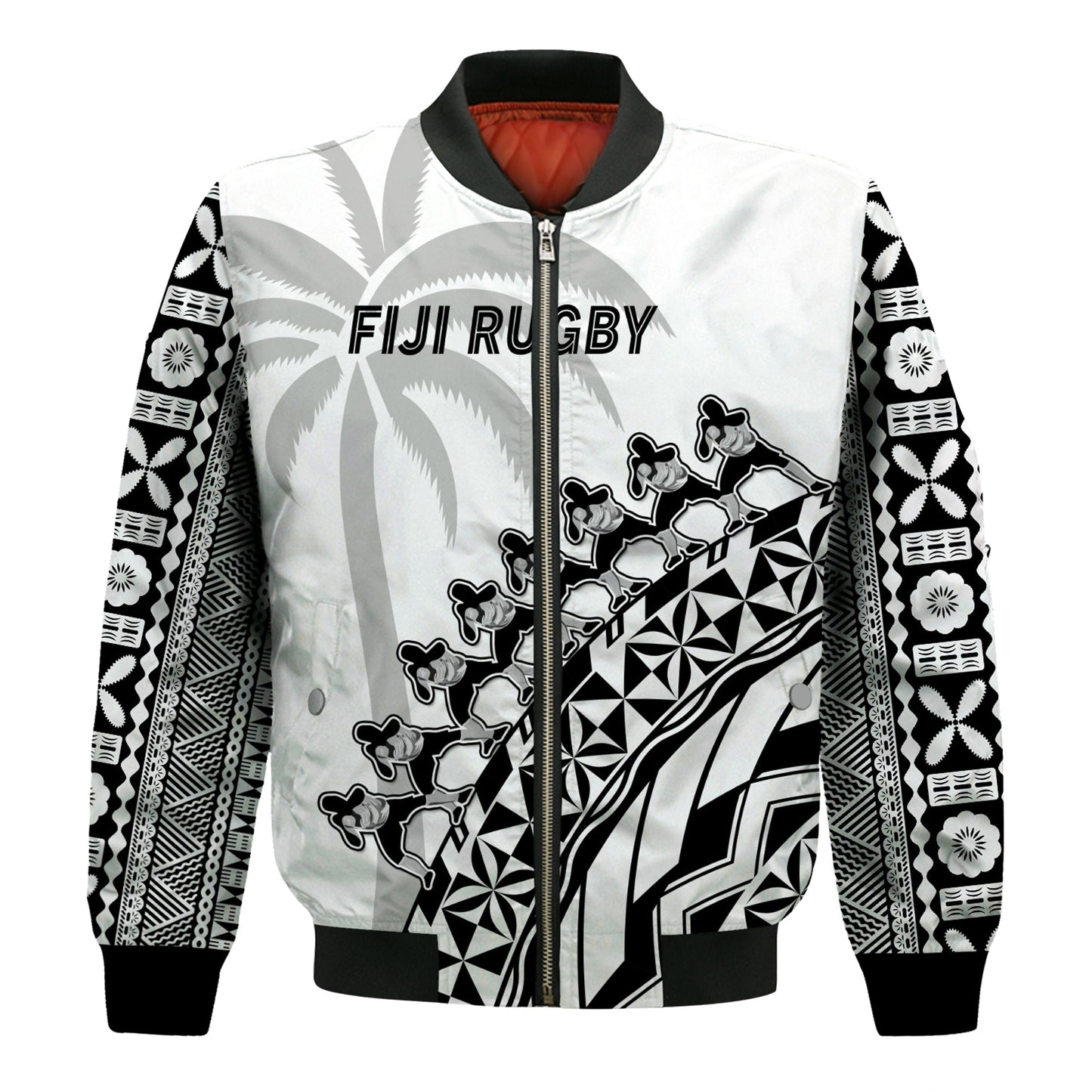 (Custom Text And Number) Fiji Rugby Bomber Jacket Fijian Cibi Dance Tapa Pattern White