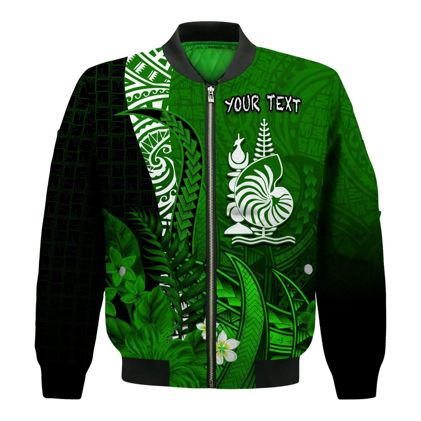 (Custom Personalised) New Caledonia Bomber Jacket Nautilus Green Polynesian Hibiscus