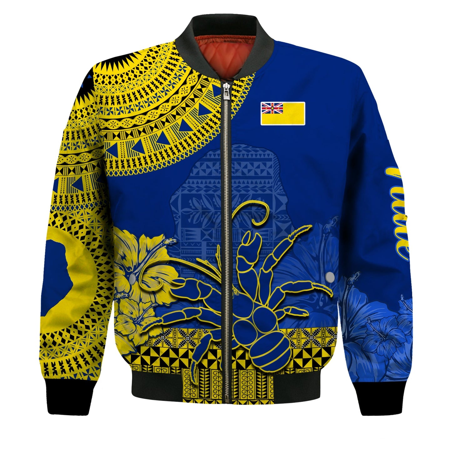 Niue Hiapo Bomber Jacket Rock of Polynesia Tapa Niuean Crab Happy Day