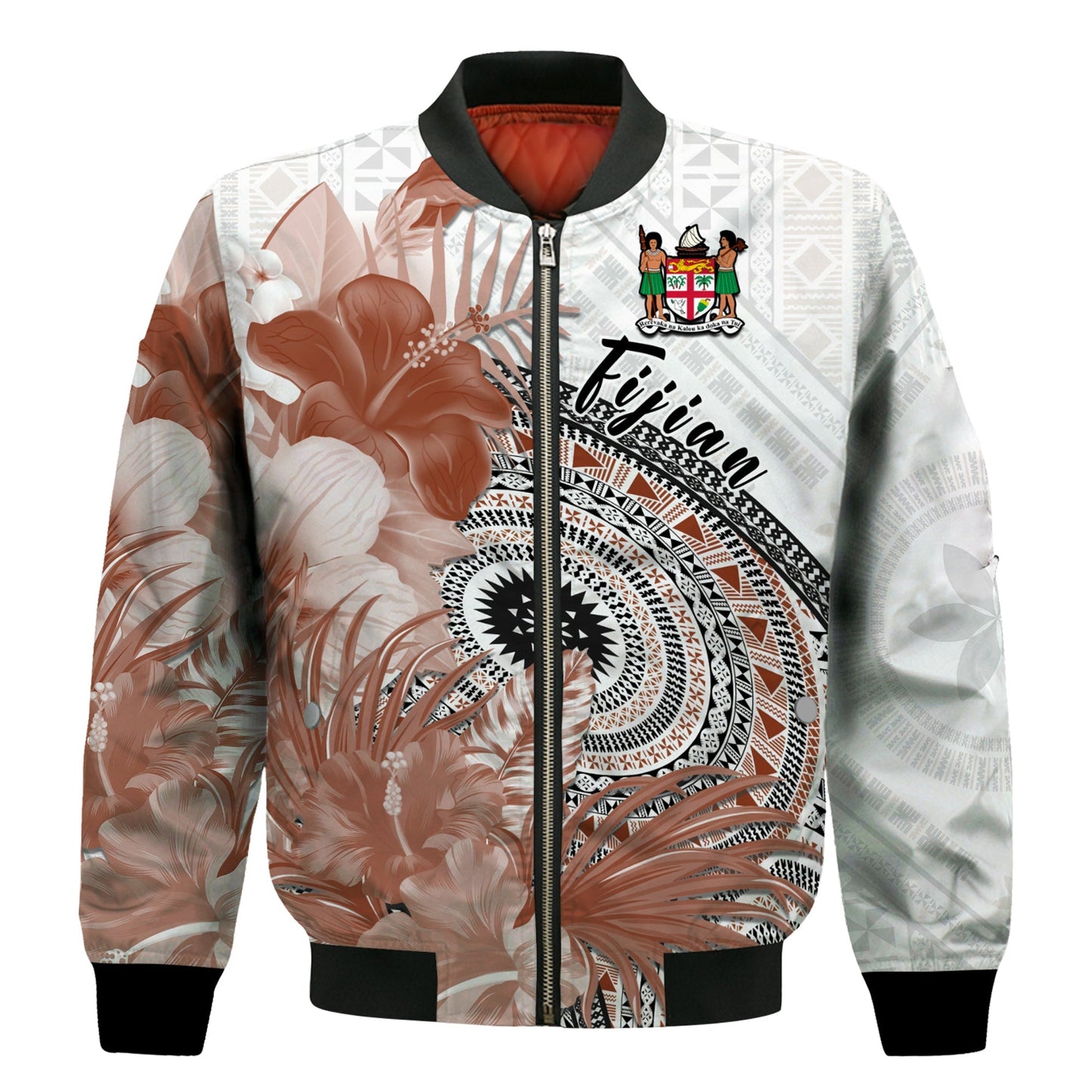 Fiji Tapa Bomber Jacket White Fijian Masi Be Loved Hibiscus