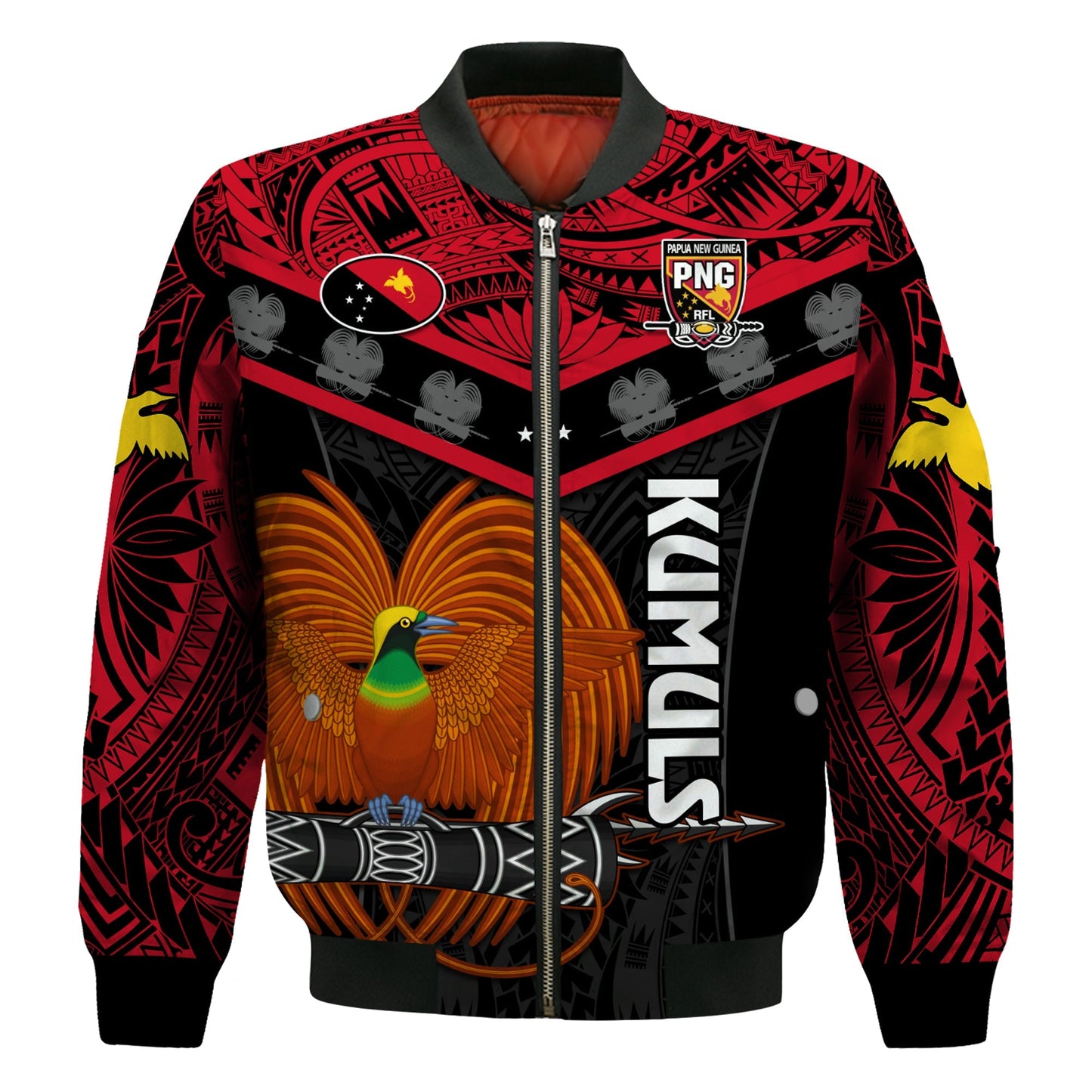 (Custom Text And Number) Papua New Guinea Rugby Bomber Jacket PNG Kumuls Bird Of Paradise Black