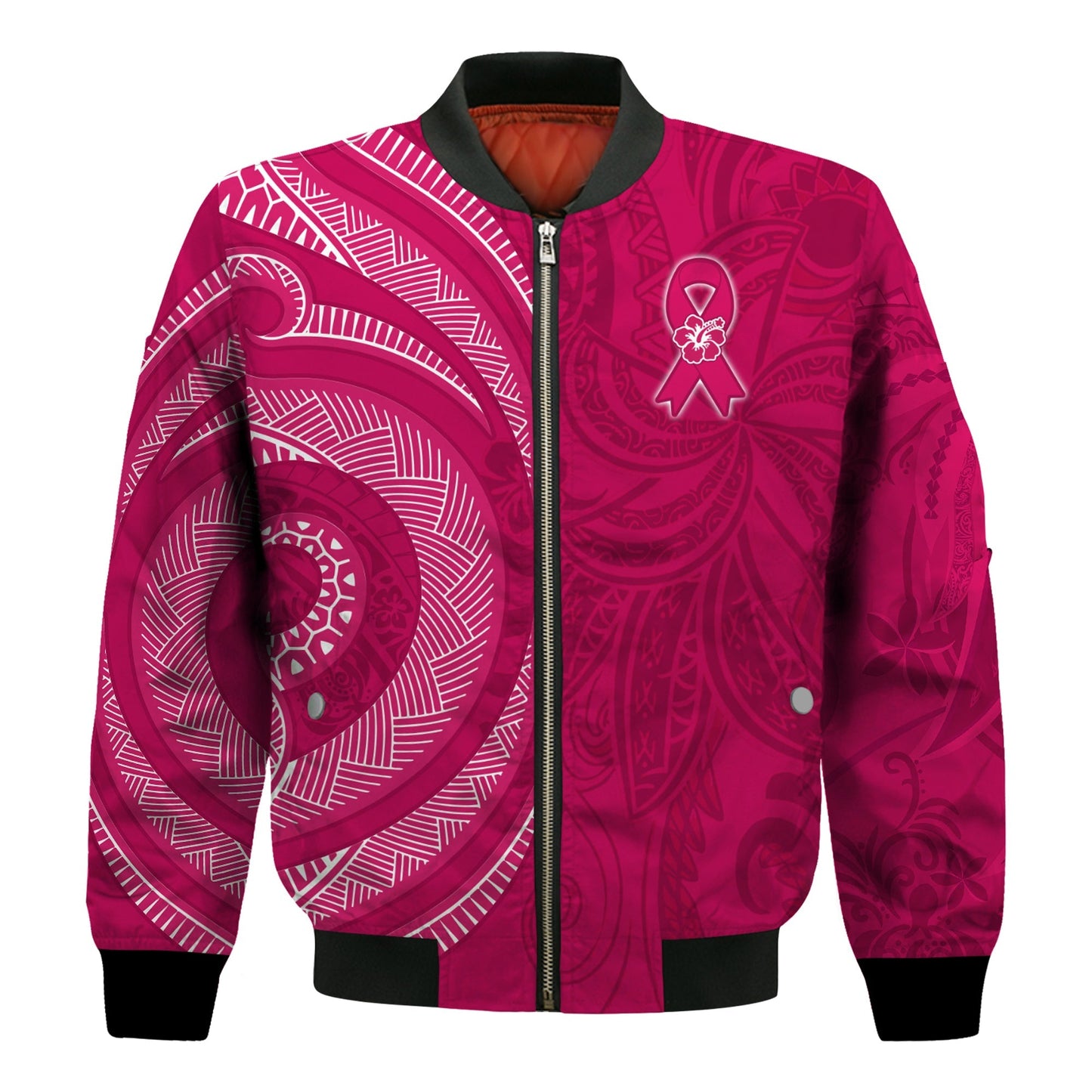 Breast Cancer Awareness Bomber Jacket Hibiscus Polynesian No One Fights Alone