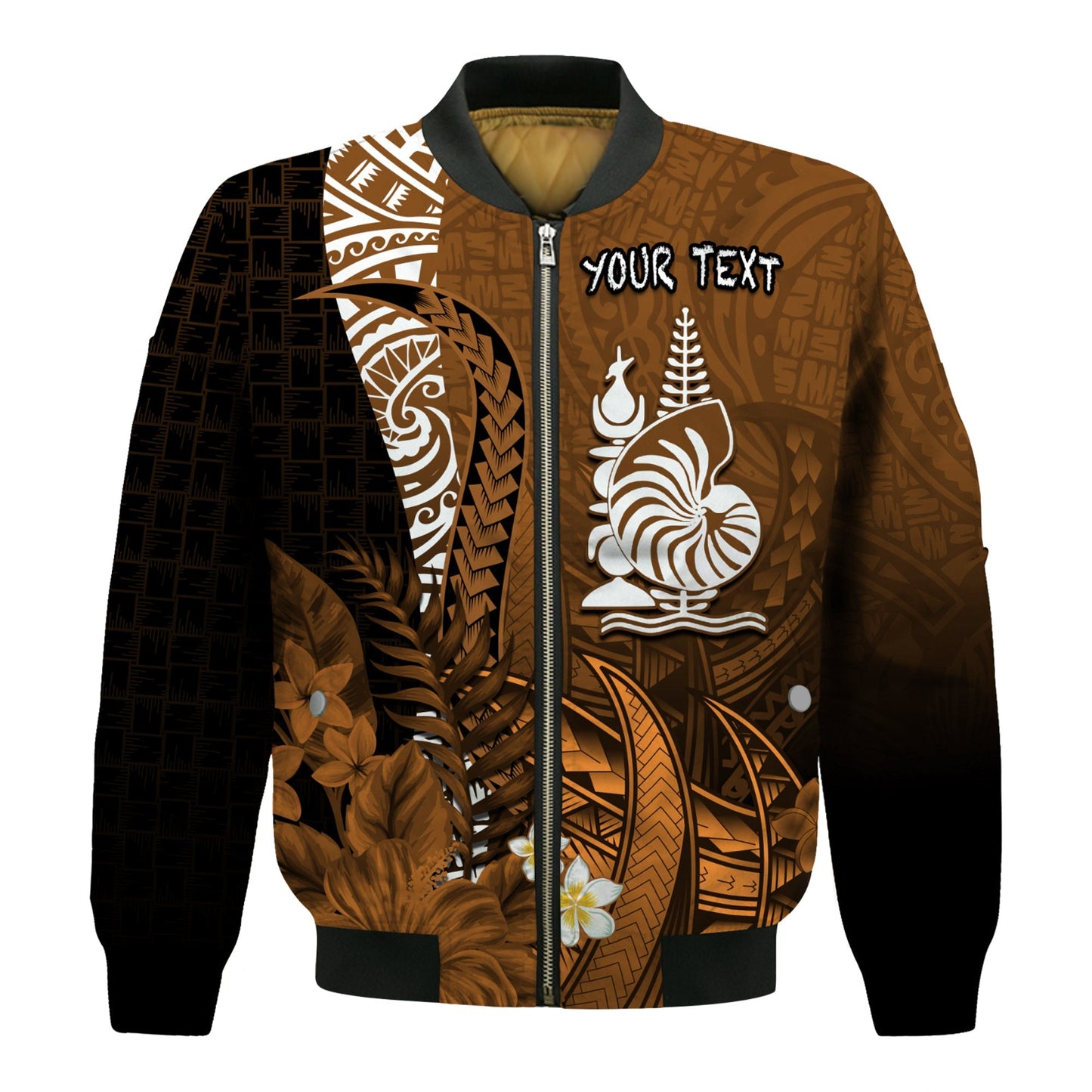 (Custom Personalised) New Caledonia Bomber Jacket Nautilus Gold Polynesian Hibiscus