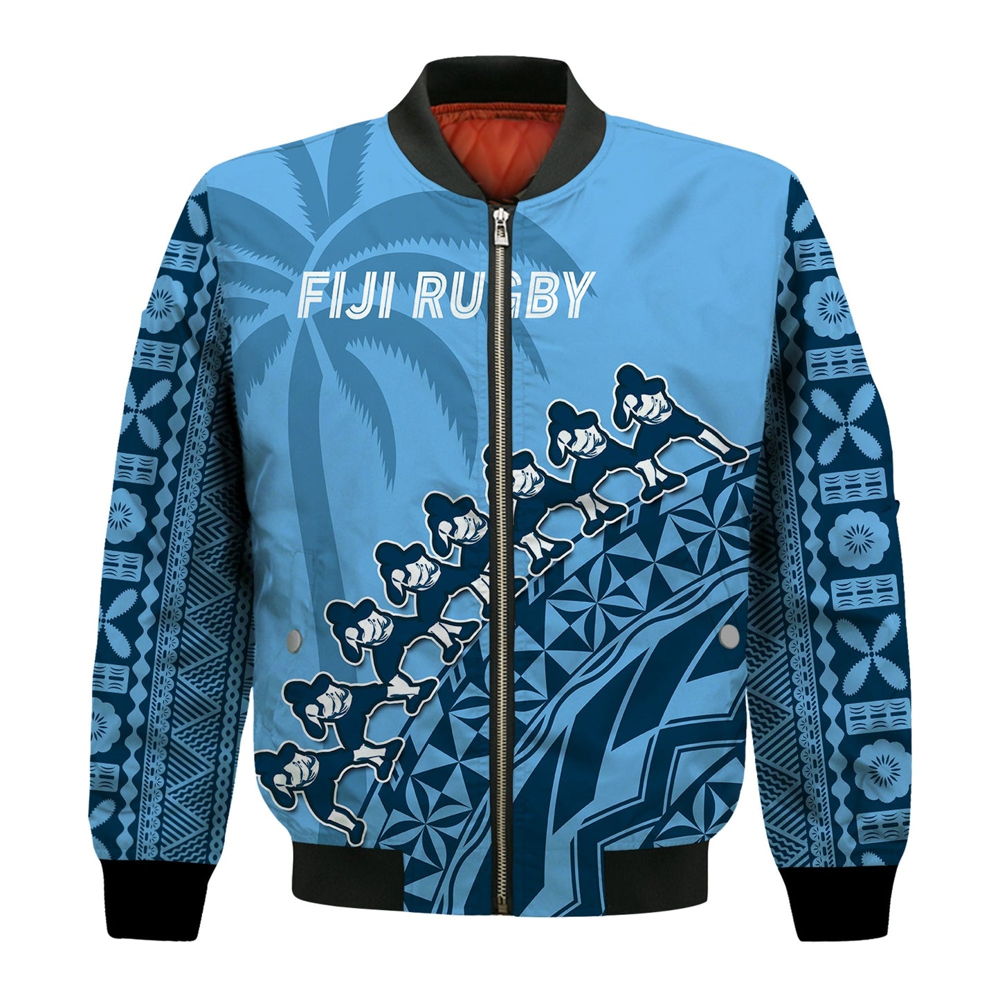 (Custom Text And Number) Fiji Tapa Rugby Bomber Jacket Fijian Cibi Dance Tapa Pattern Blue