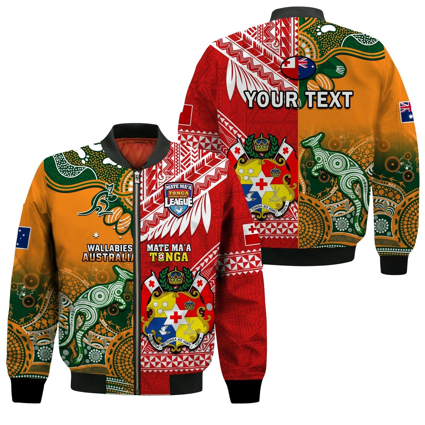 (Custom Personalised) Mate Maa Tonga And Wallabies Rugby Bomber Jacket Polynesian Mix Aboriginal