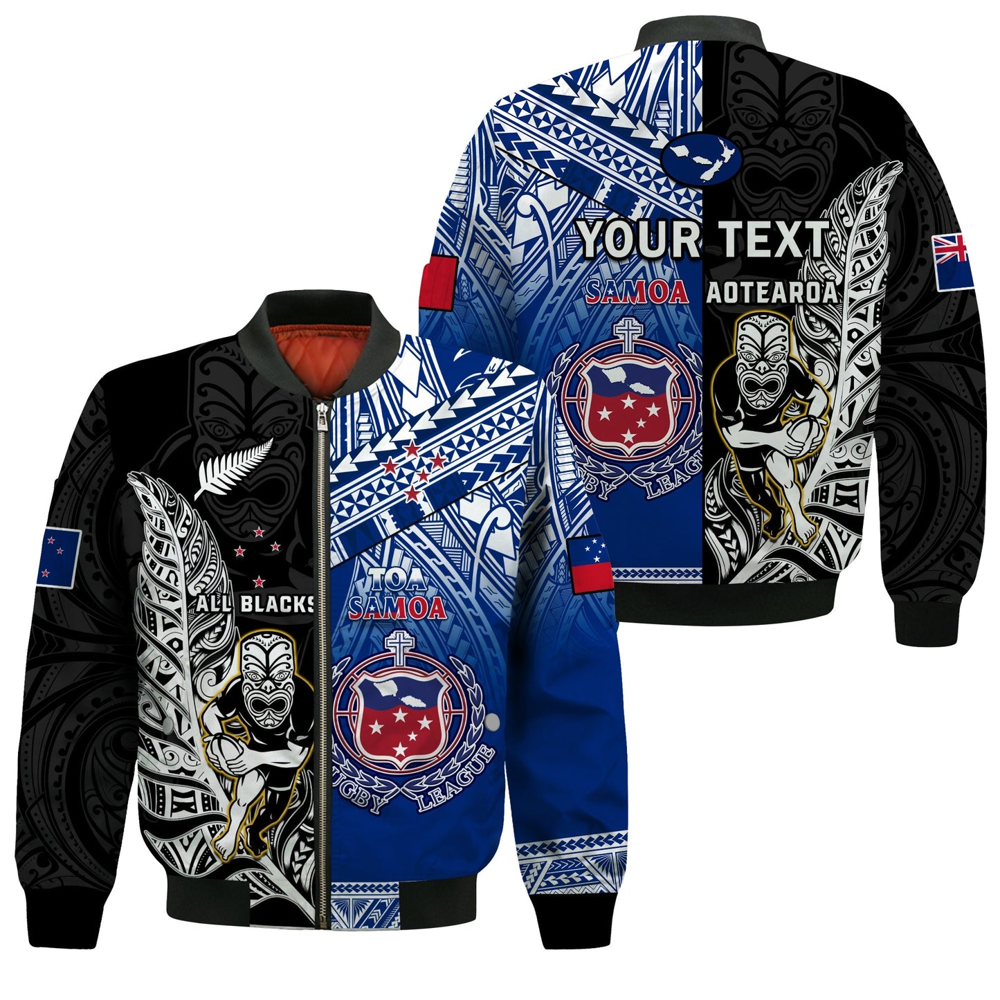 (Custom Personalised) All Black And Toa Samoa Rugby Bomber Jacket NZ Maori Fern Mix Polynesian