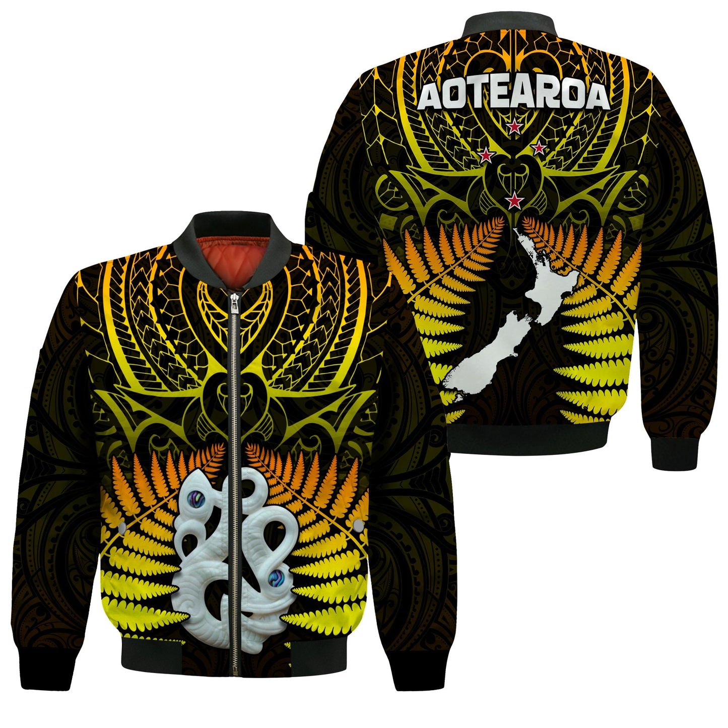 Aotearoa Fern Bomber Jacket New Zealand Hei Tiki Gold Style
