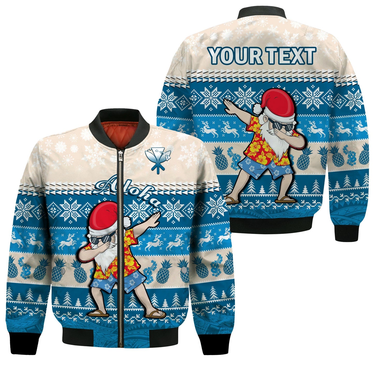 (Custom Personalised) Hawaii Mele Kalikimaka Bomber Jacket Dabbing Santa Blue Merry Christmas
