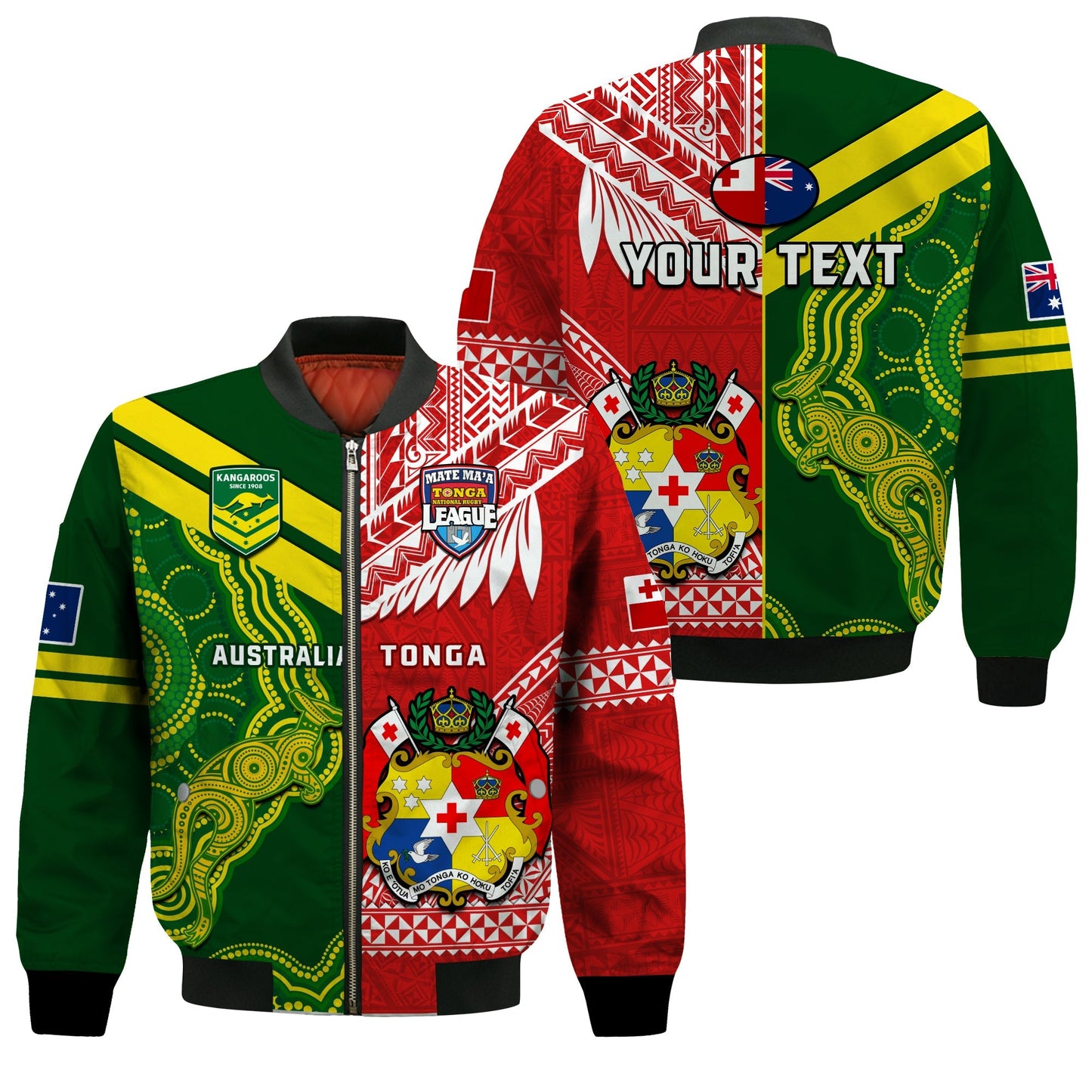 (Custom Personalised) Tonga And Australia Rugby Bomber Jacket Mate Maa Tonga Mix Kangaroos