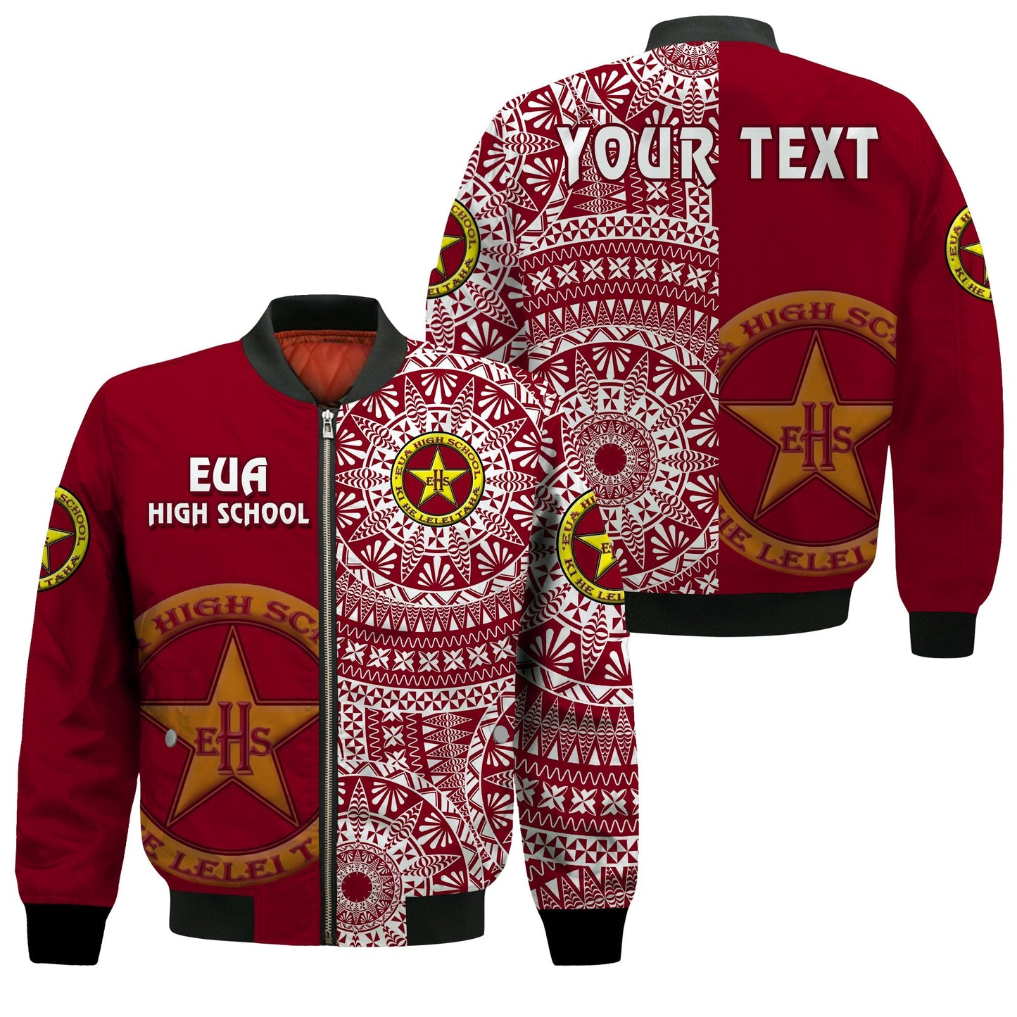 (Custom Personalised) Tonga Eua High School Bomber Jacket Tongan Ngatu Pattern