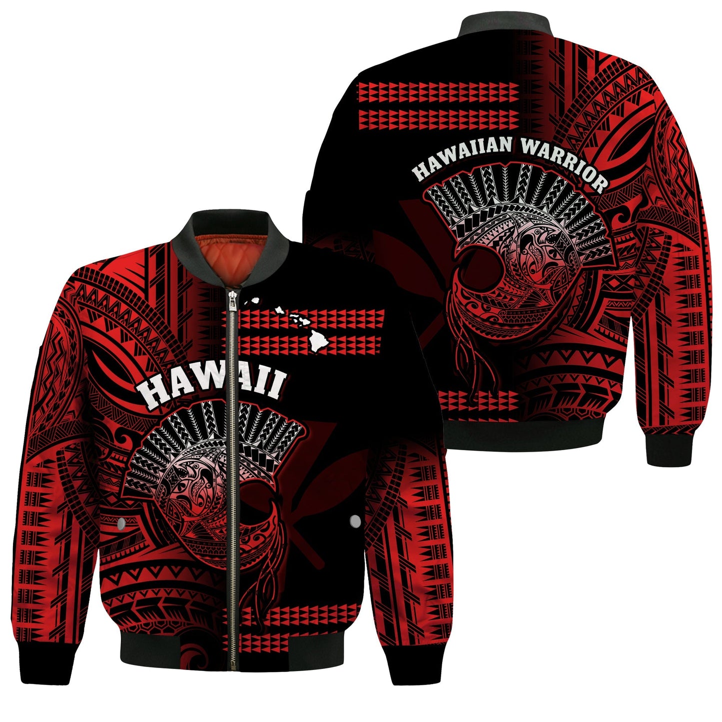 Hawaii Bomber Jacket Kakau Warrior Helmet Gradient Red Polynesian